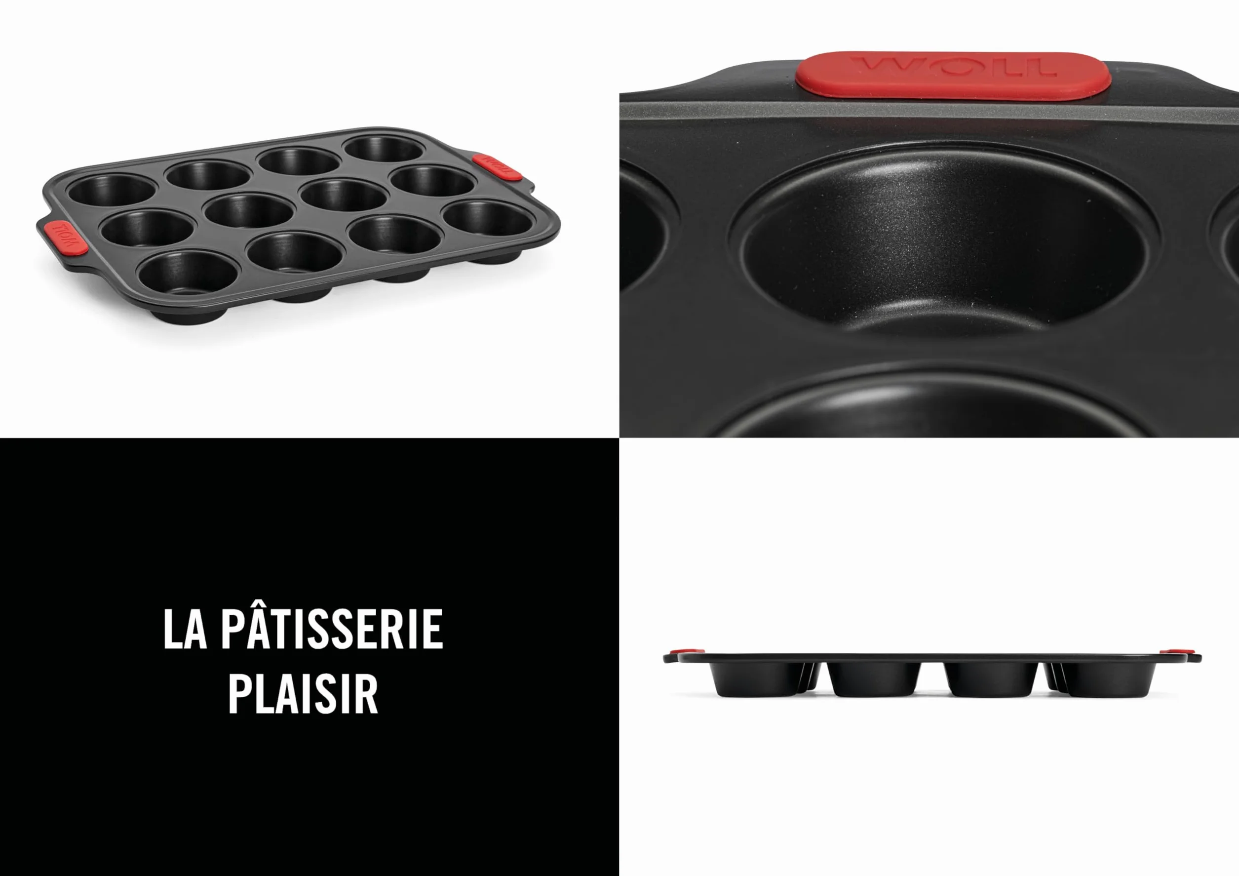 Woll – Bakeware moule à muffins 12 cavités – antiadhésif, acier aluminisé, poignées en silicone – sans PFAS – résiste jusqu’à 230 °C – noir
