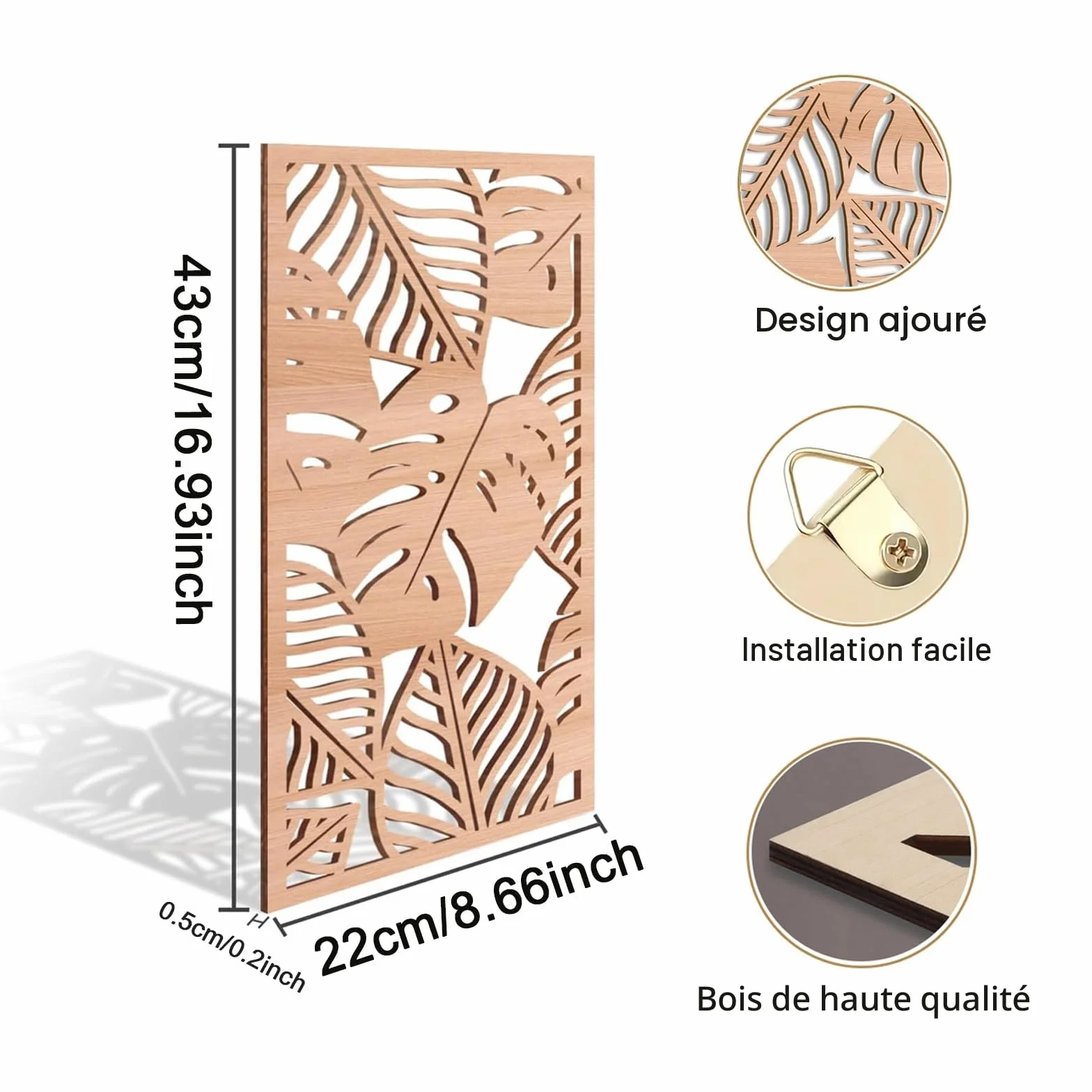 3 Pièces Sculpture Murale en Bois Naturel Monstera - Décor Mural Tropical Style Boho Chic