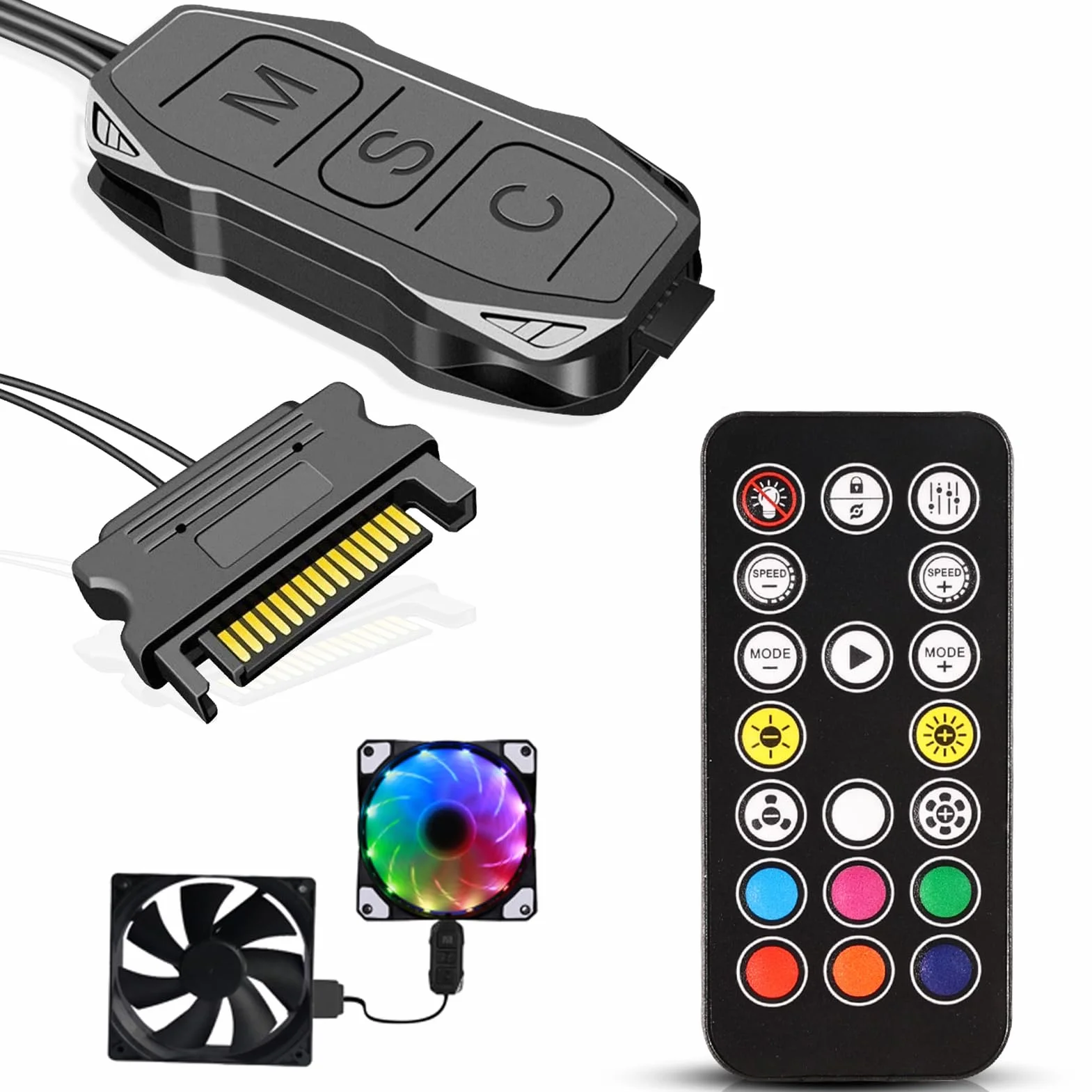 ARGB kontroler z pilotem zdalnego sterowania, 5 V, 3-pinowy kontroler SATA Power RGB, pilot zdalnego sterowania, przełącznik RGB Fan Hub do wentylatorów DIY, sterowanie oświetleniem i listew