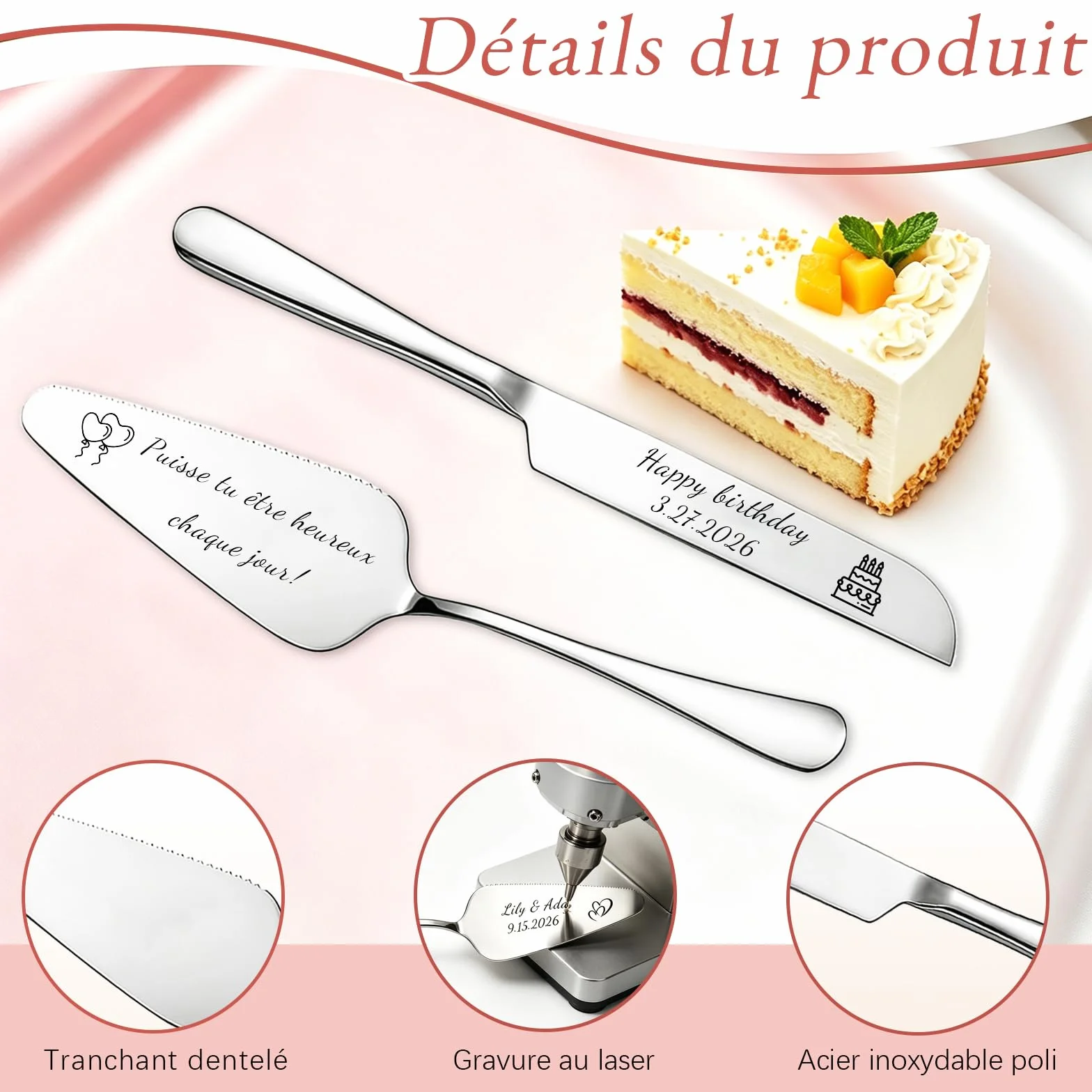 Service à Gâteau Mariage Pelle à Tarte Couteau Acier Inoxydable Argenté Cadeau Romantique