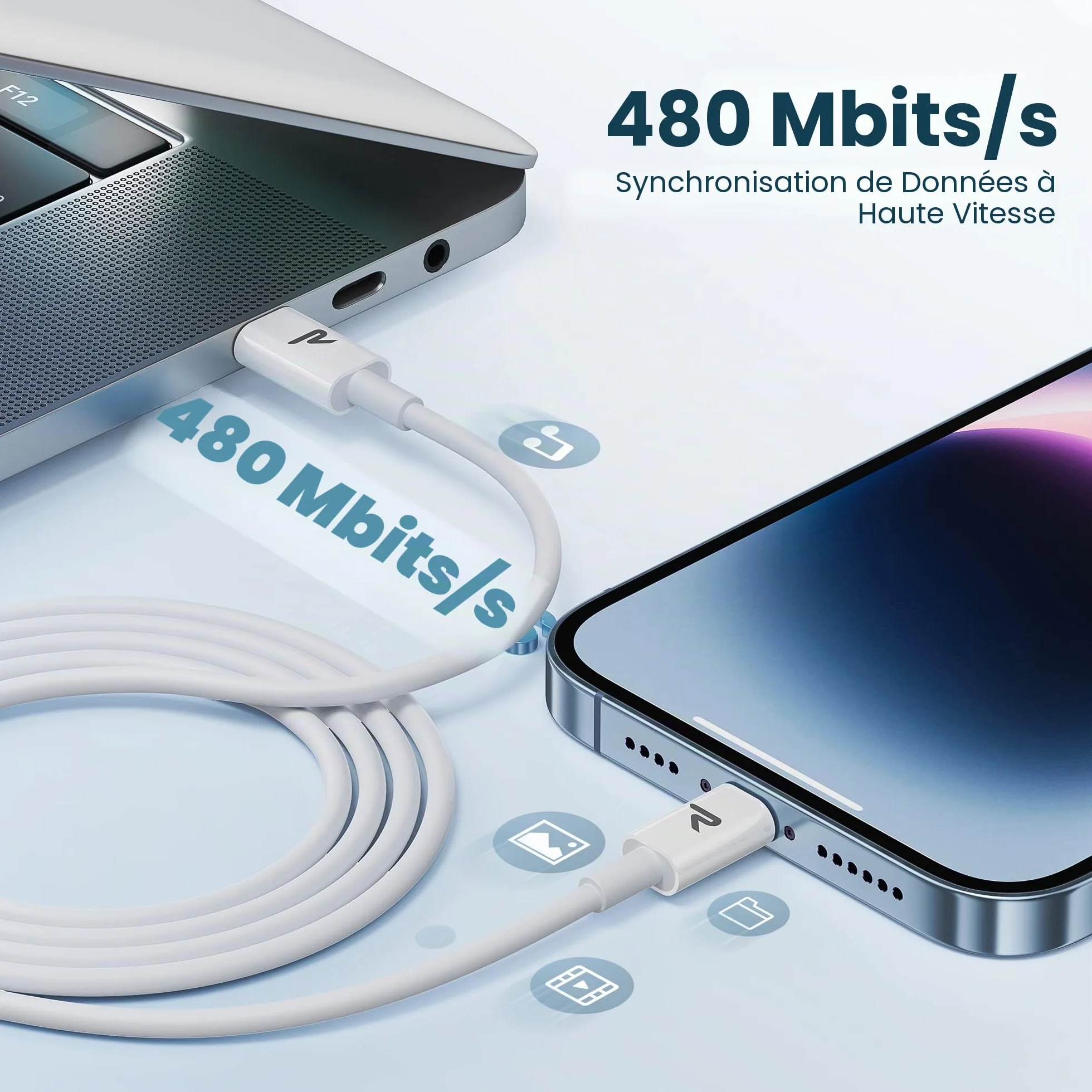 RAMPOW Câble iPhone 1M MFi Certifié C94 USB C vers Lightning Charge Rapide Power Delivery 3.0 Blanc
