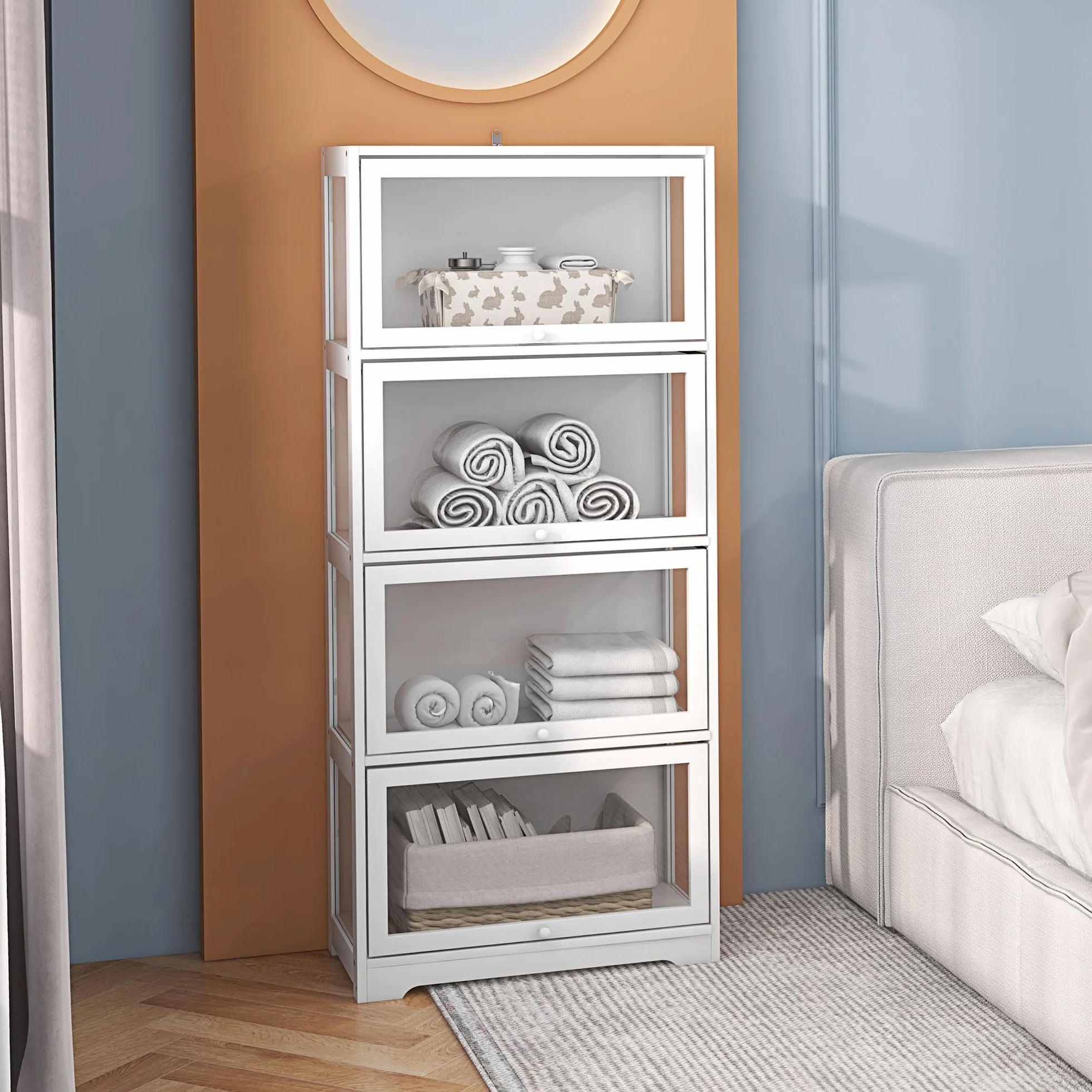 HOMCOM Vitrine pour Collection Buffet Salon Meuble de Rangement à 4 Niveaux avec Portes à abattant, pour Salon Bureau Chambre, 59 x 30 x 139 cm, Blanc