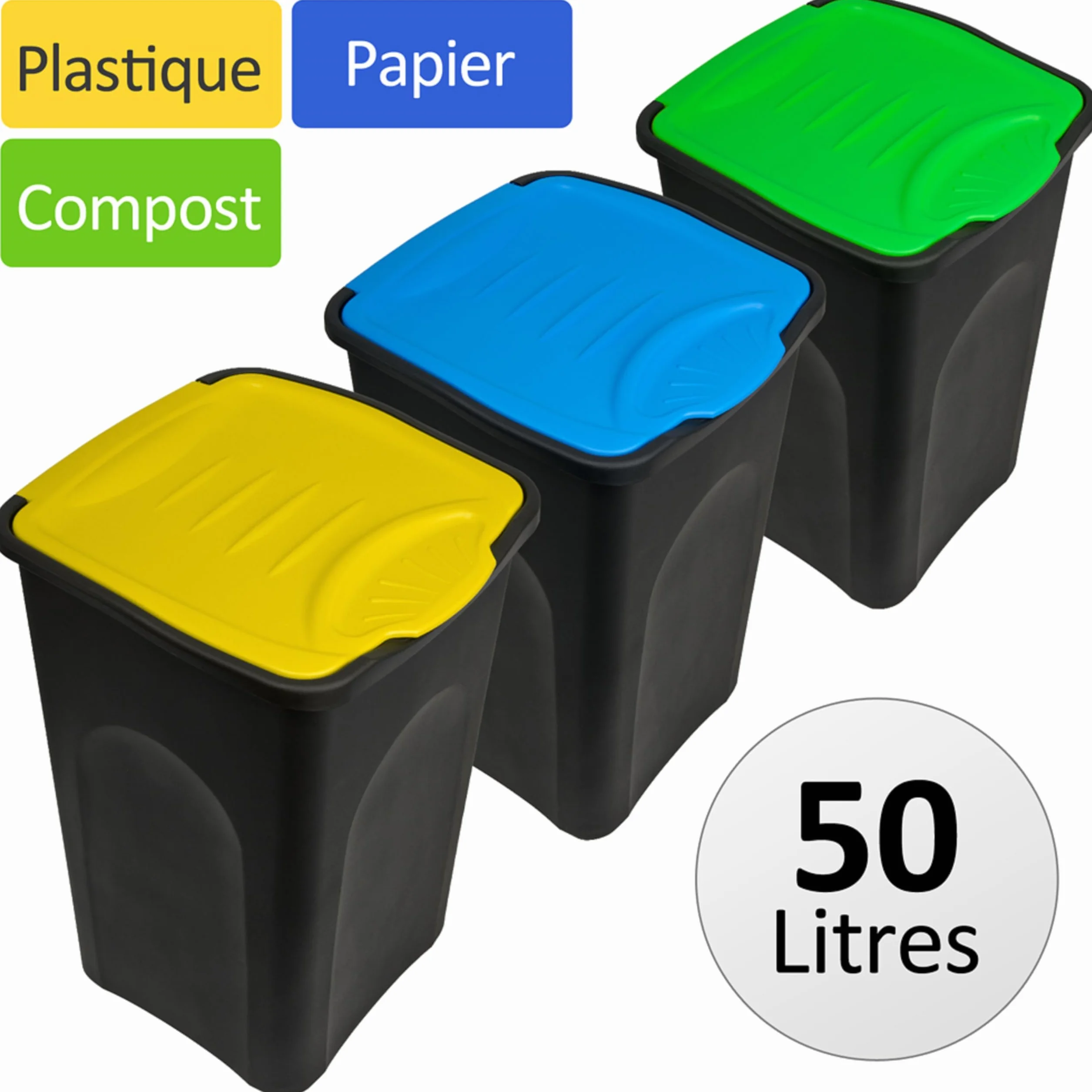 Deuba Poubelle tri sélectif 50L couvercle basculant sans odeur cuisine salle de bain