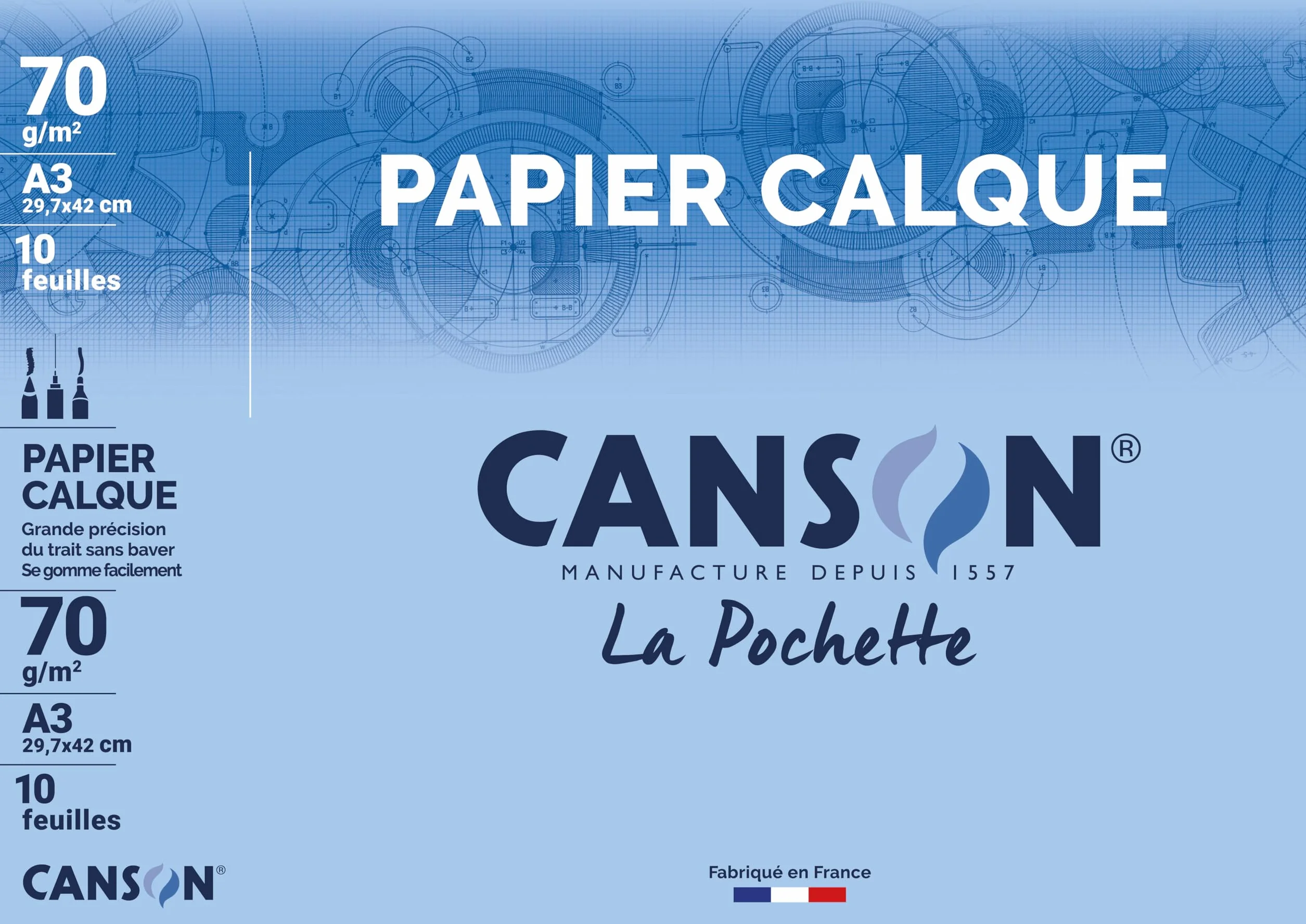 CANSON Papier Calque A3 70g/m² Pochette 10 Feuilles