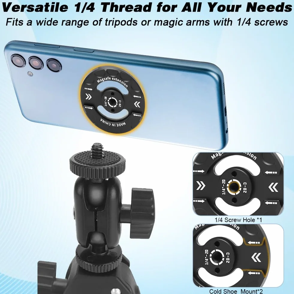 YUNBO magnetyczny uchwyt na statyw, kompatybilny z Magsafe iPhone 16, 15, 14, 13, 12 Pro Max Plus, magsafe uchwyt statywu z gwintem Cold Shoe 1/4 cala, samoprzylepny pierścień do nagrywania wideo