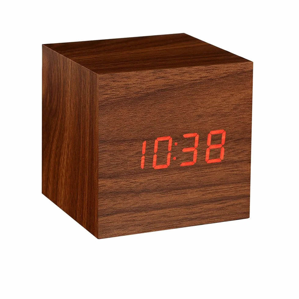 Onerbuy Horloge de voyage portable en bois avec écran LCD et alarme tactile (marron)