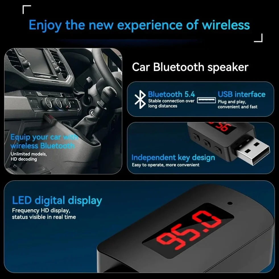 Car bezprzewodowy adapter Bluetooth 5.4 transmiter, odbiornik z mikrofonem, USB Power Audio AUX adapter do samochodu, audio, muzyki, bez użycia rąk