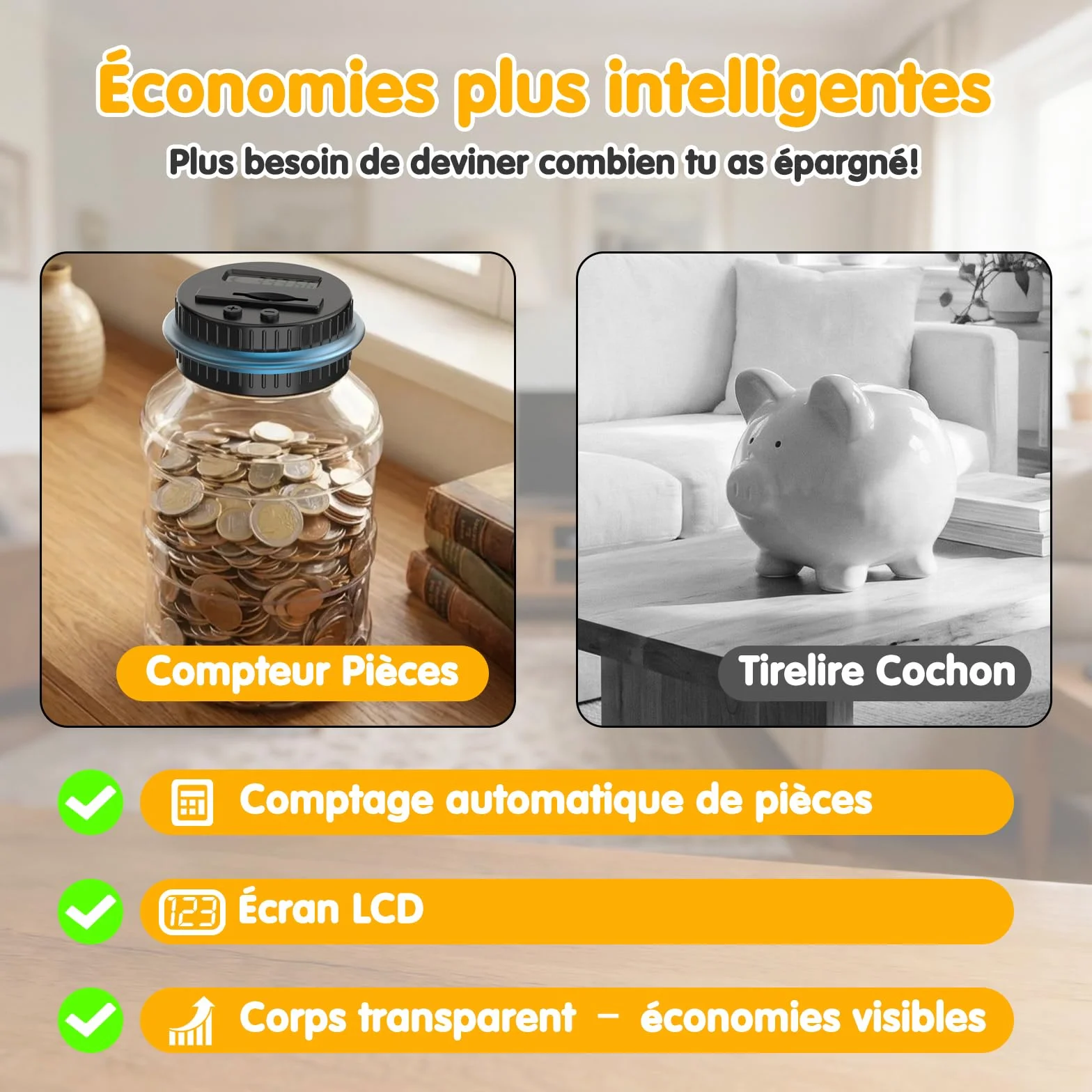 Pup Go Tirelire Electronique Transparente Numérique Écran LCD, XXL 1,8L Grande Capacité Compteuse Automatique de Pièces