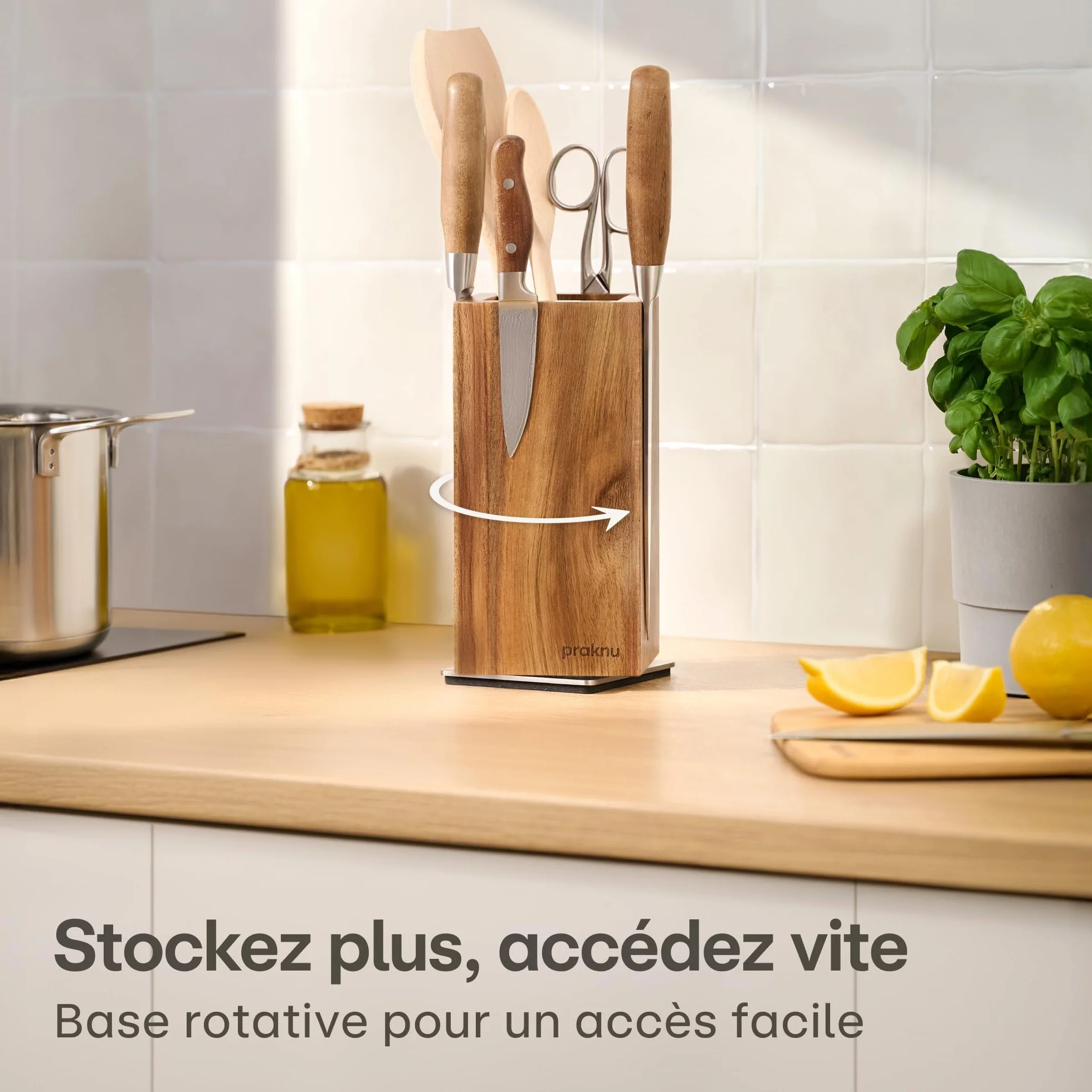 Praknu Bloc Couteaux Magnétique - 360° Rotatif Sans Couteaux FSC® Bois d'Acacia avec Espace pour Ustensiles de Cuisine - Aimant Puissant des Deux Côtés - Antidérapant