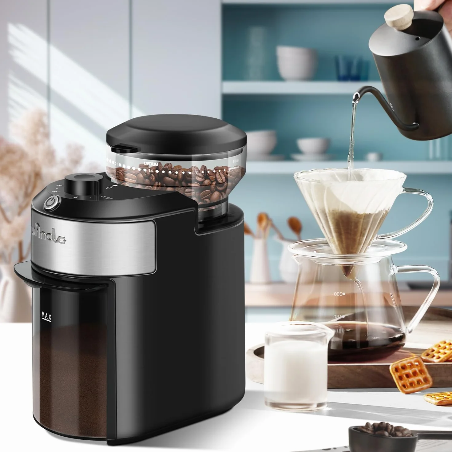 Moulin à café Wancle avec meule et 28 réglages, mouture précise pour une capacité de 2 à 12 tasses, facile à nettoyer, design compact et gain de place, 220V