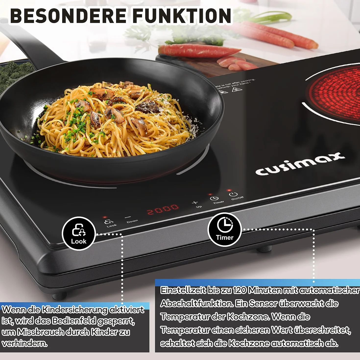 CUSIMAX Plaque de cuisson infrarouge 3500 W en acier inoxydable, 2 plaques électriques avec écran LED, minuterie, contrôle tactile, protection enfant, noir