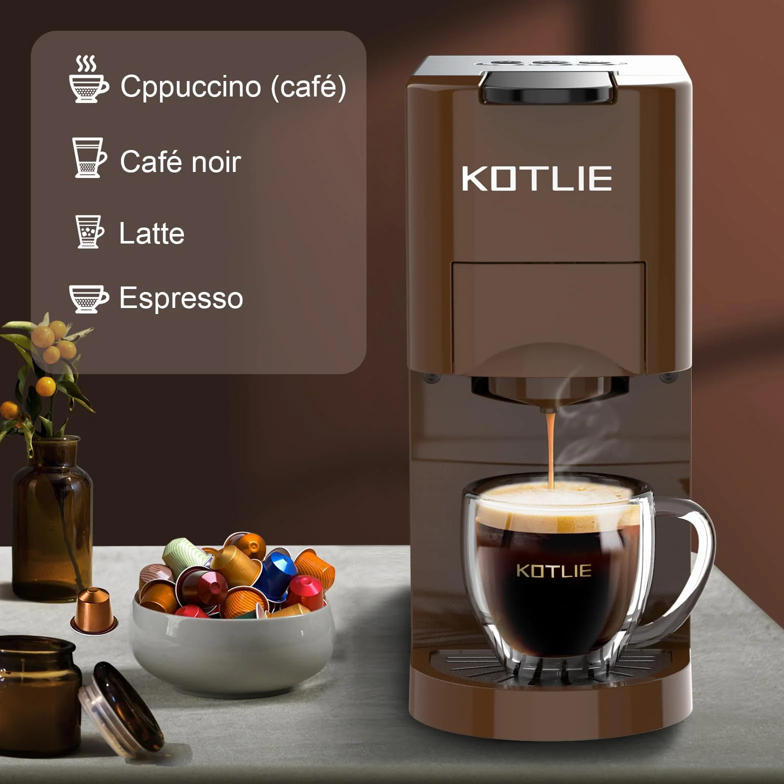 KOTLIE AC-513K 4 en 1 Multifonctionnel Machine à Café à Capsules, pour NES/DG/Café en Poudre/ESE Pod(44mm),19Bar, 0.8L réservoir de stockage d'eau(Brun)