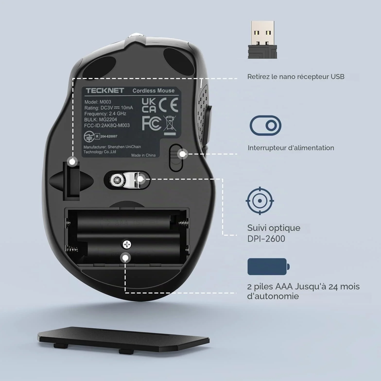 TECKNET Souris sans Fil 2.4G Optique 2600 DPI Ergonomique avec Récepteur USB Gris