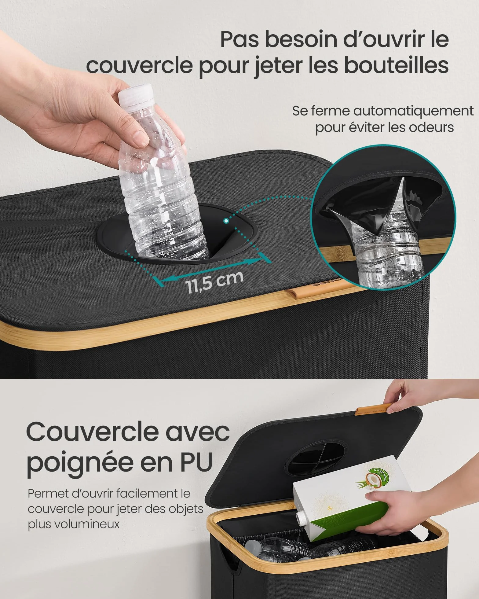 SONGMICS Poubelle de Recyclage 95 L pour Bouteilles et Canettes, avec Couvercle et Sac, Noir d'encre et Beige Naturel