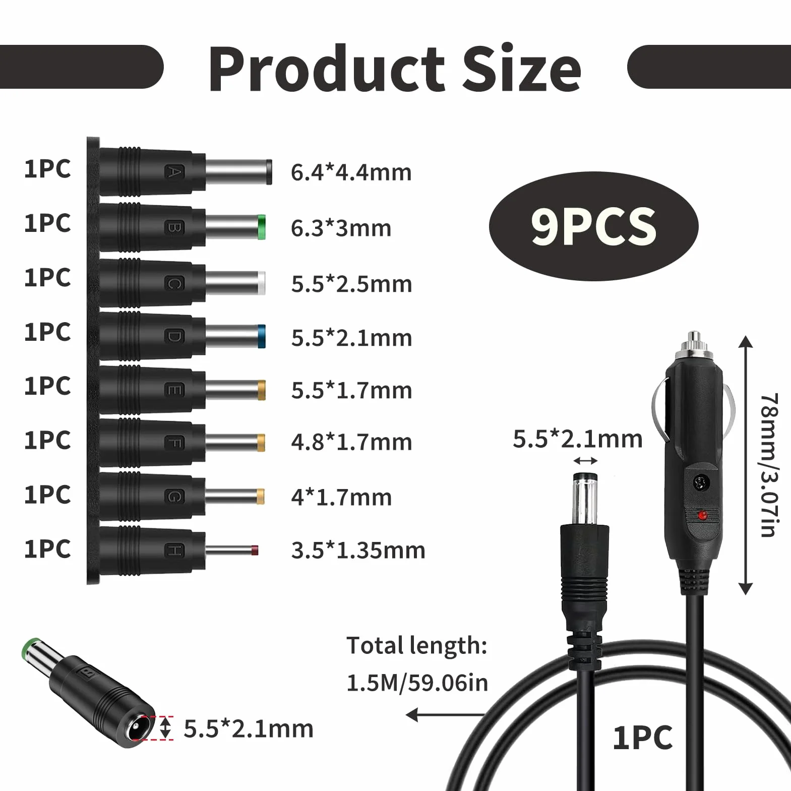 Kabel do ładowarki samochodowej 12 V z 8 końcówkami złącza DC 5,5 x 2,1 mm, adapter do zapalniczki samochodowej, kompatybilny z głośnikami, routerem, kamerą IP, LED i innymi