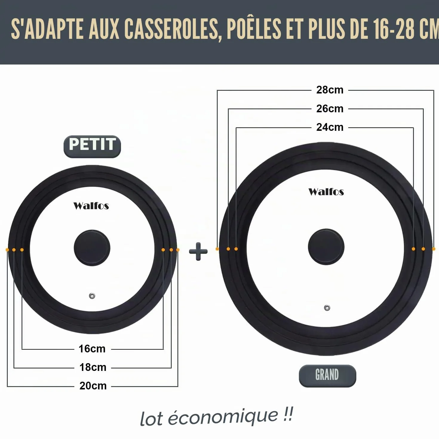 Walfos Couvercle universel Ø 28, 26, 24, 20, 18 et 16 Couvercle en verre pour casseroles, poêles avec bord en silicone gradué, Couvercle pour poêles et casseroles, Couvercle de casserole résistant à