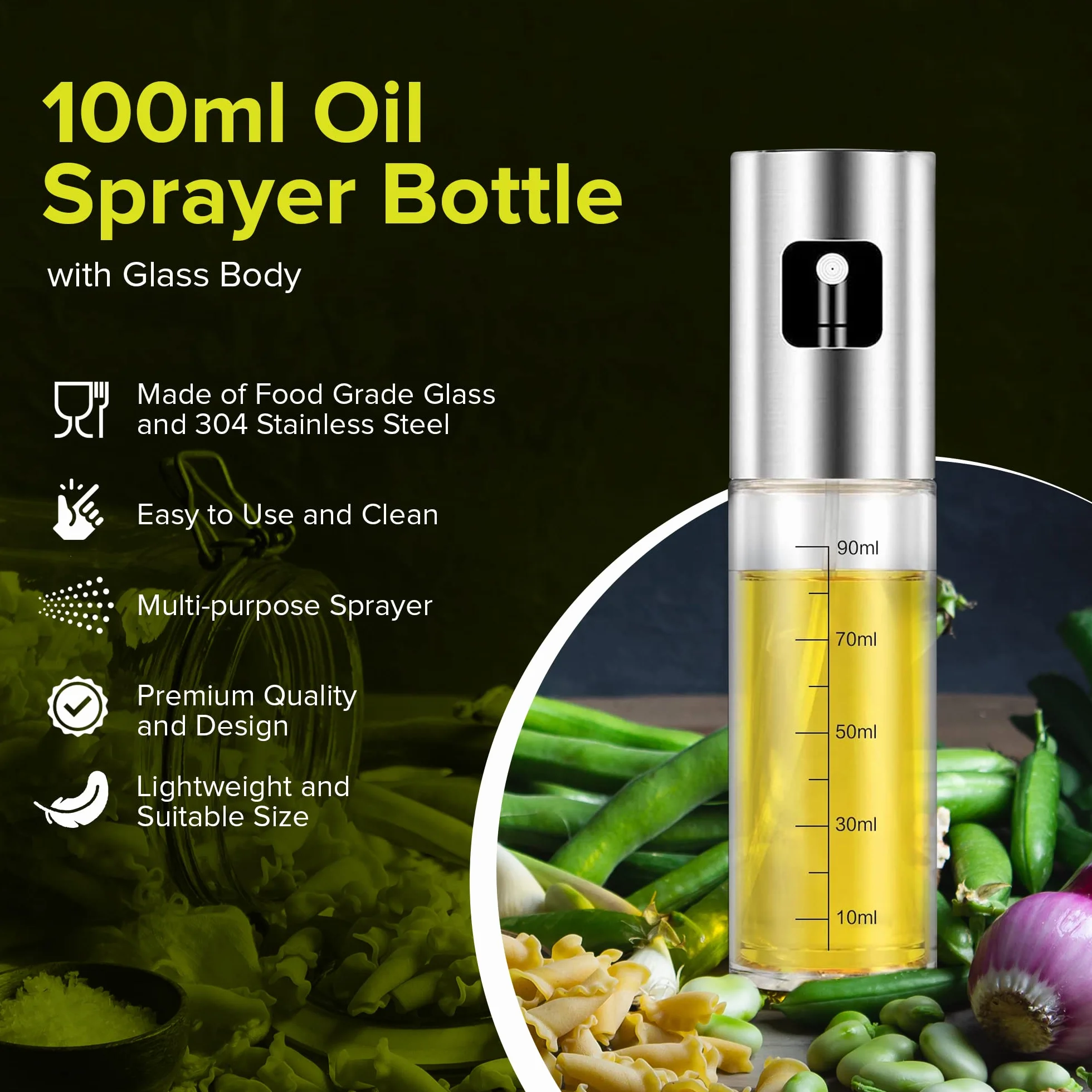 PORTENTUM Pulvérisateur d’Huile 100 ml Inox Huile Spray Cuisine Friteuse Air Huilier Verre Antigoutte