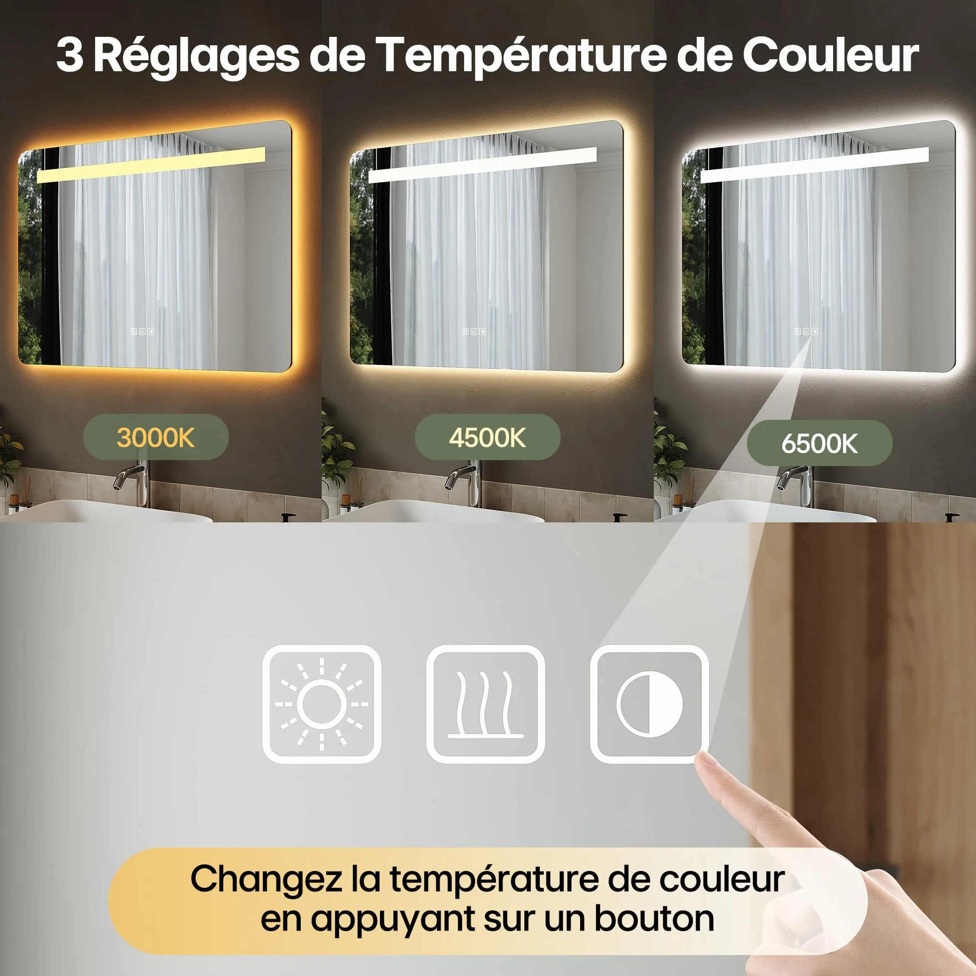 SIRHONA Miroir Salle de Bain avec Eclairage 80x60cm, Anti-buée, 3 Couleurs, Dimmable, Mémoire, Miroir Lumineux Salle de Bain, Douille, Étanche Ip44, Rétroéclairage