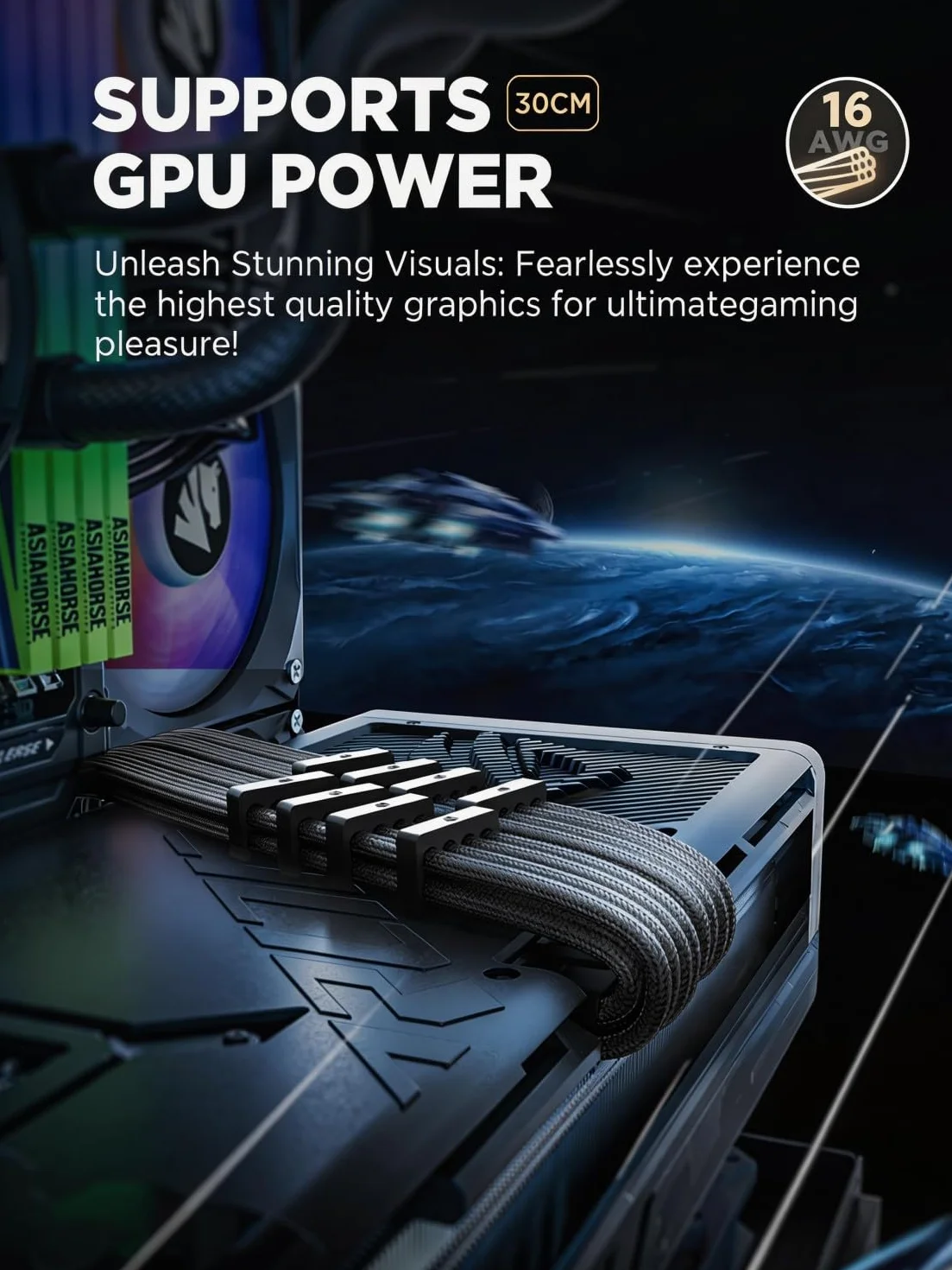 AsiaHorse Przedłużacz kabla PSU, Zestaw kabli w osłonie PC dla GPU/CPU, Przedłużacze kabli zasilających 18AWG z grzebieniami kablowymi, 24PIN/(6+2) PIN/(4+4) PINi, 30CM, Czarny