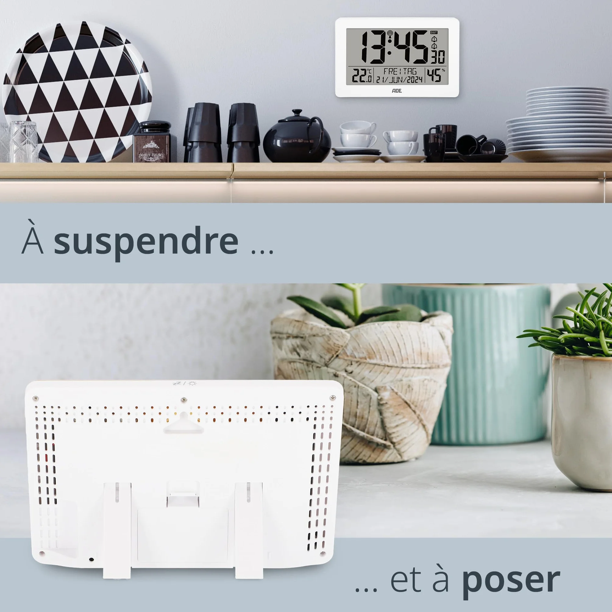 ADE Horloge Radio Pilotée Murale Grands Chiffres Calendrier Thermomètre Hygromètre Réveil Station Météo Piles Blanc