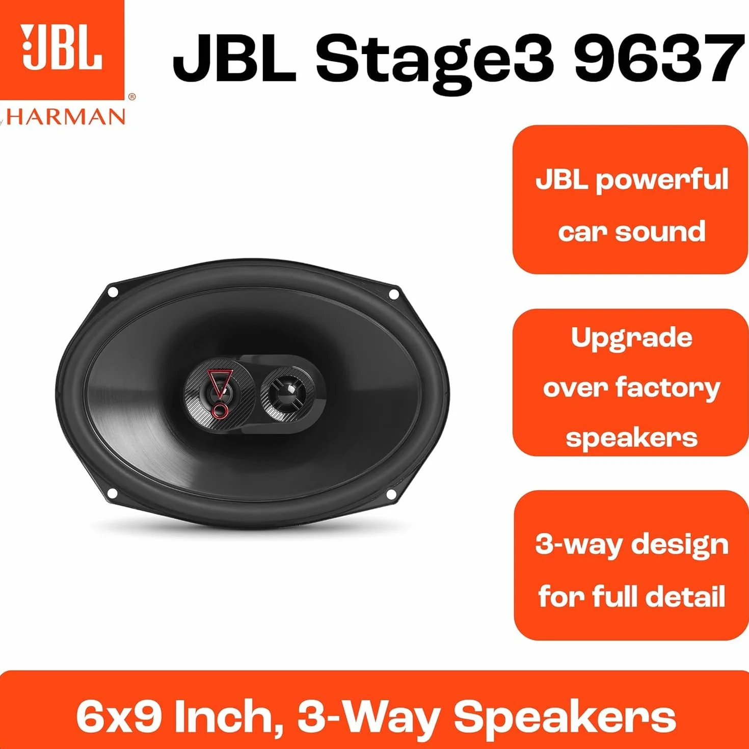 JBL Stage3 9637 3-drożny zestaw głośników samochodowych firmy Harman Kardon – 375 W samochodowy system audio z dużym owalnym głośnikiem niskotonowym JBL 6" x 9" (152 mm x 230 mm)