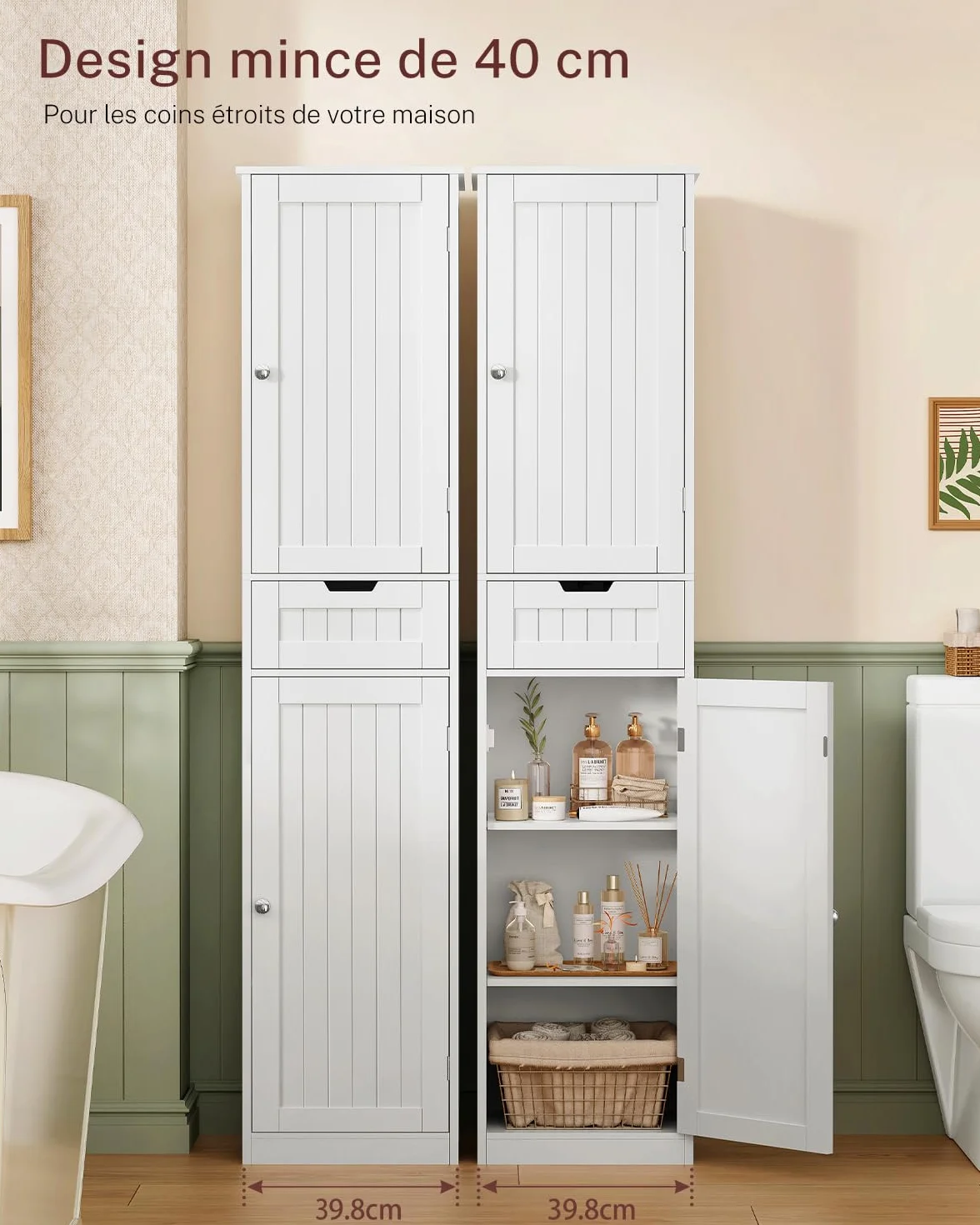 TEENFON Meuble de Salle de Bain avec Portes, Armoire de Rangement Colonne avec Étagères Réglables et Tiroirs, Blanc (40x30x170cm)