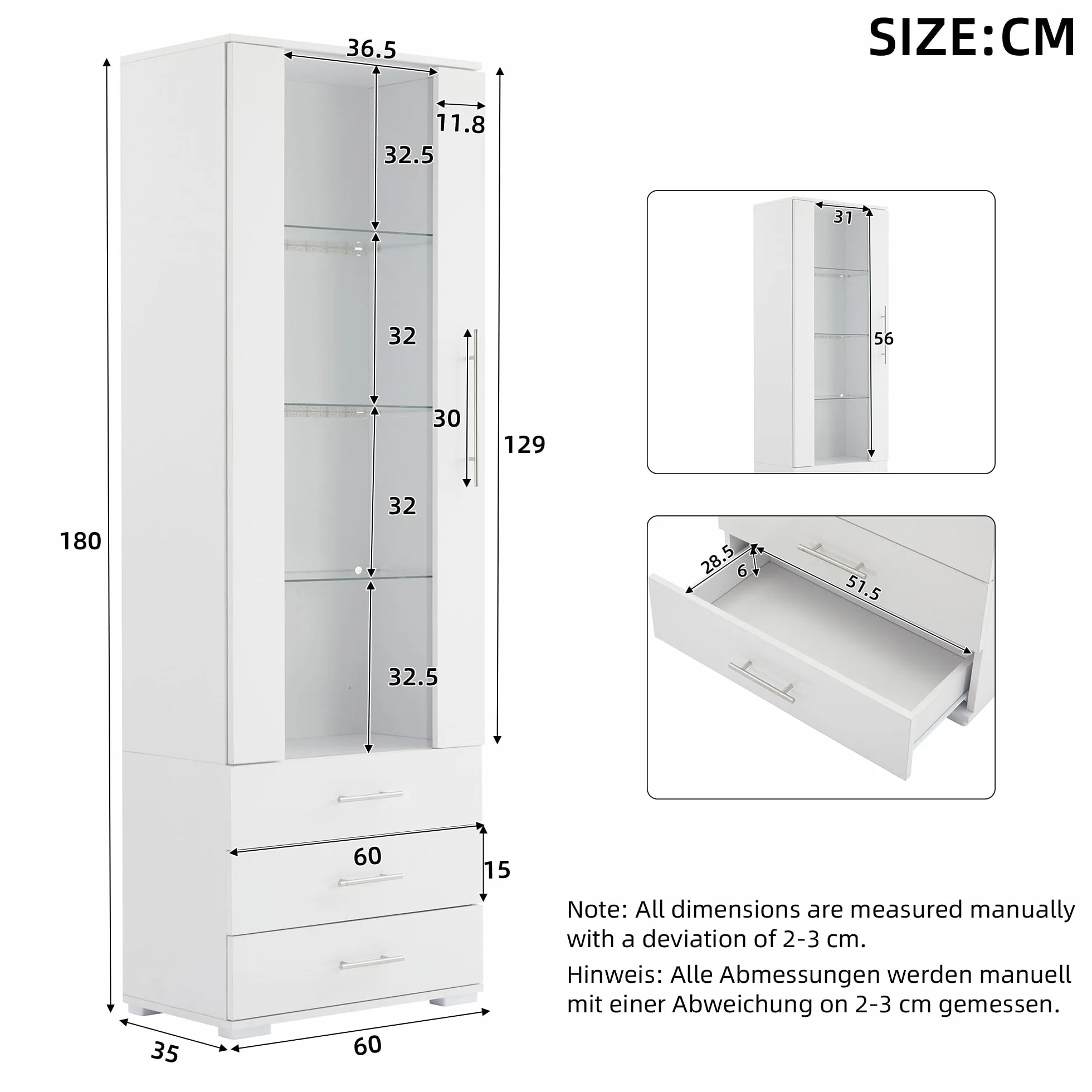 Merax Vitrine en verre avec éclairage LED blanc brillant avec portes et 3 tiroirs, armoire haute de 180 cm, armoire de cuisine, armoire polyvalente pour salon, chambre à coucher, bureau