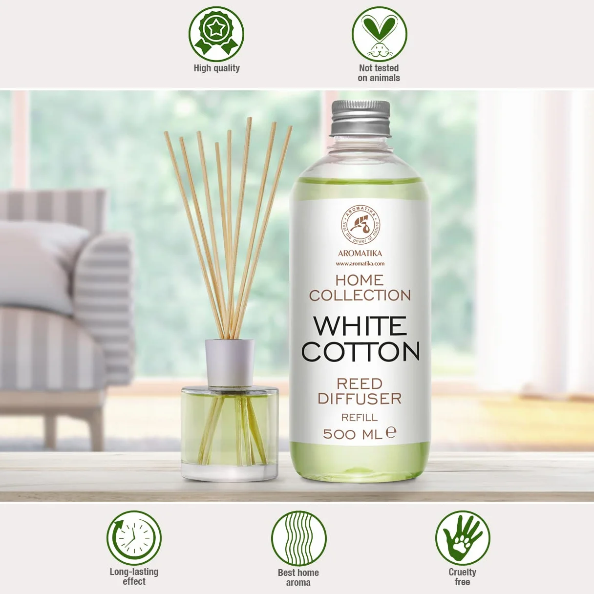 Diffuseur de Parfum Coton Blanc 500ml - Bâtonnets de Parfum - Diffuseur à Roseaux