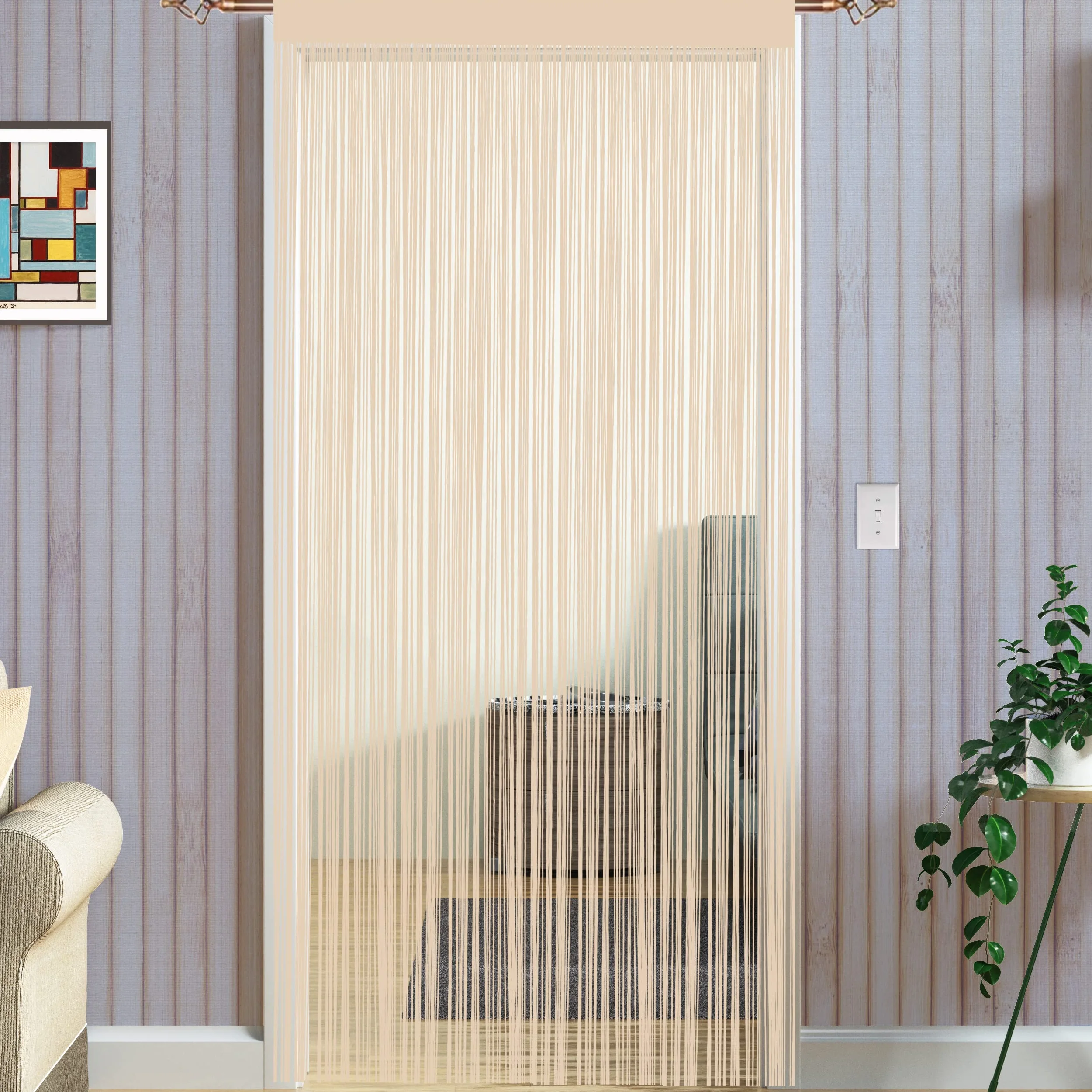 Taiyuhomes Rideau à cordes spaghetti 90x200cm beige grille moustiquaire fenêtre porte