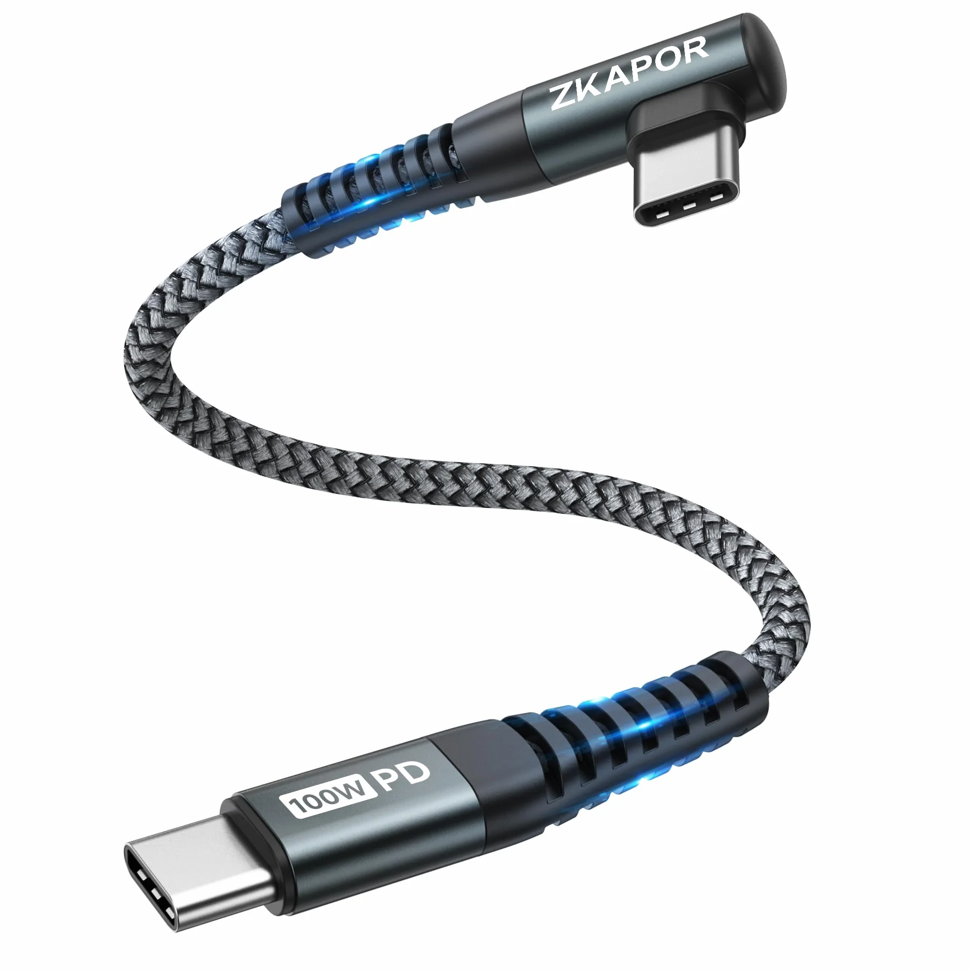 ZKAPOR Kabel USB-C na USB-C do szybkiego ładowania, 100 W, złącze pod katem 90°, do iPhone’a 15, urządzeń iPhone 15 Pro Max, Samsung Galaxy S23/S22, iPad Pro/Air, Huawei P40/ Mate 60, krótki, 30 cm