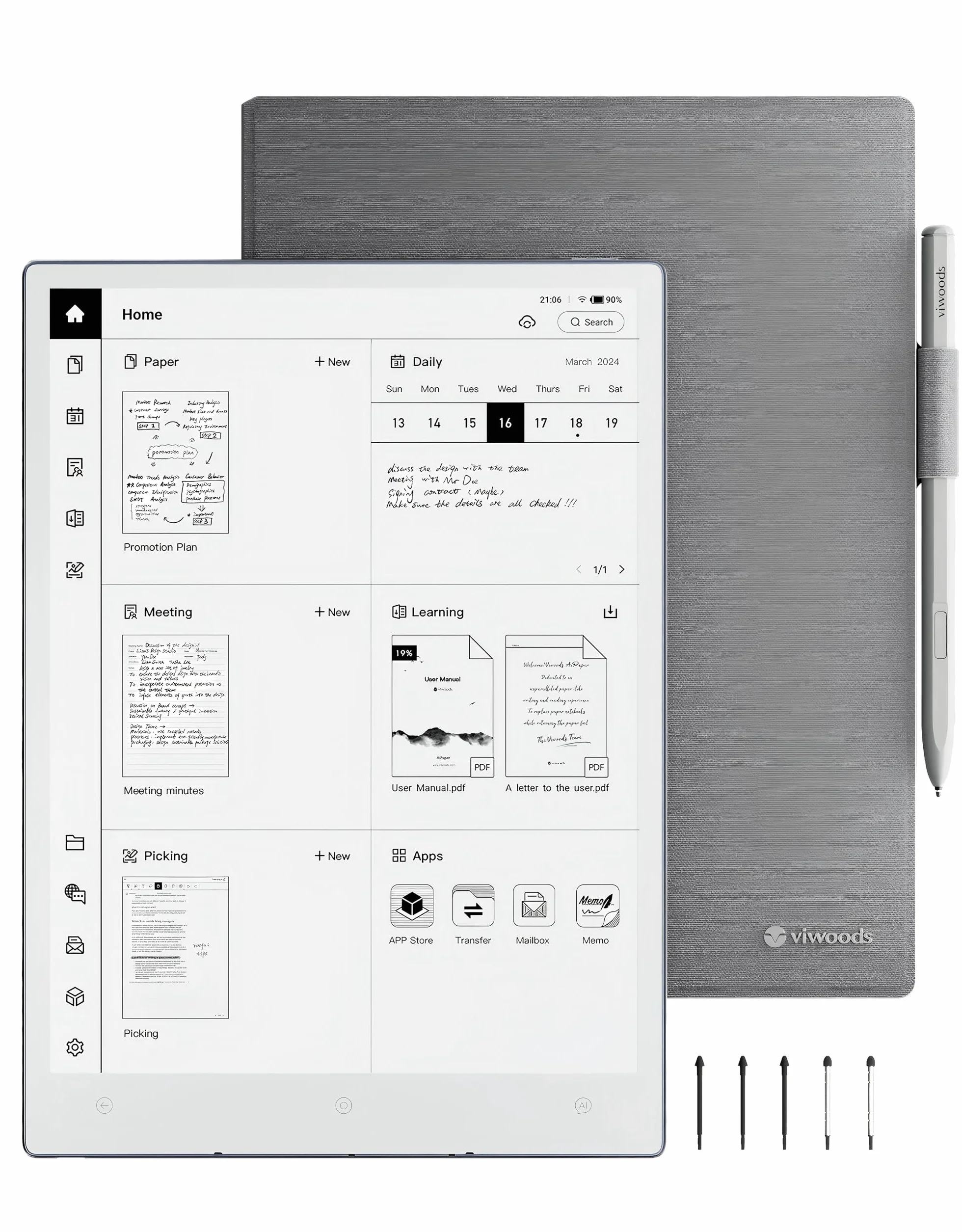 VIWOODS Zestaw Ulepszony z AiPaper, Stylus Pro i 5 Rysikami, Carta 1300 AI E Ink Tablet, 10.65'' 300PPI Elektroniczny Notatnik z Długopisem, Ultra-Cienki 4.5mm, Lekki 370g