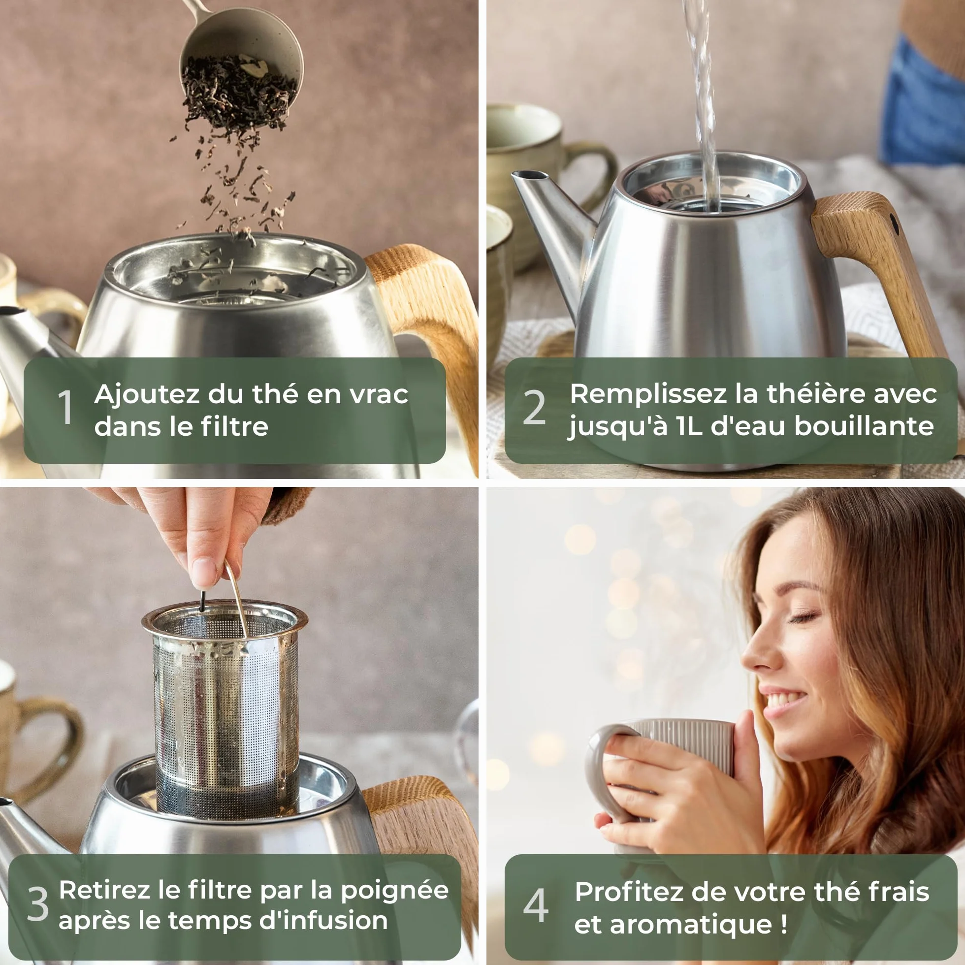 WALDWERK Théière avec Infuseur Inox à Double Paroi - Isotherme avec Poignées en Chêne - 100% Anti-goutte