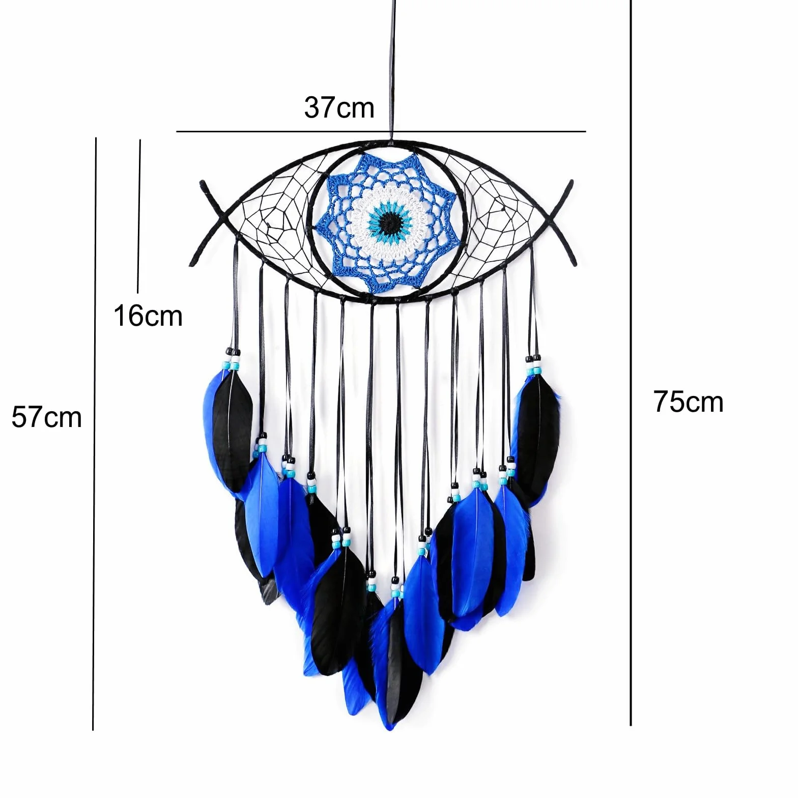 Attrape-rêves noir contre le mauvais œil plumes bleues perles macramé décoration murale gothique