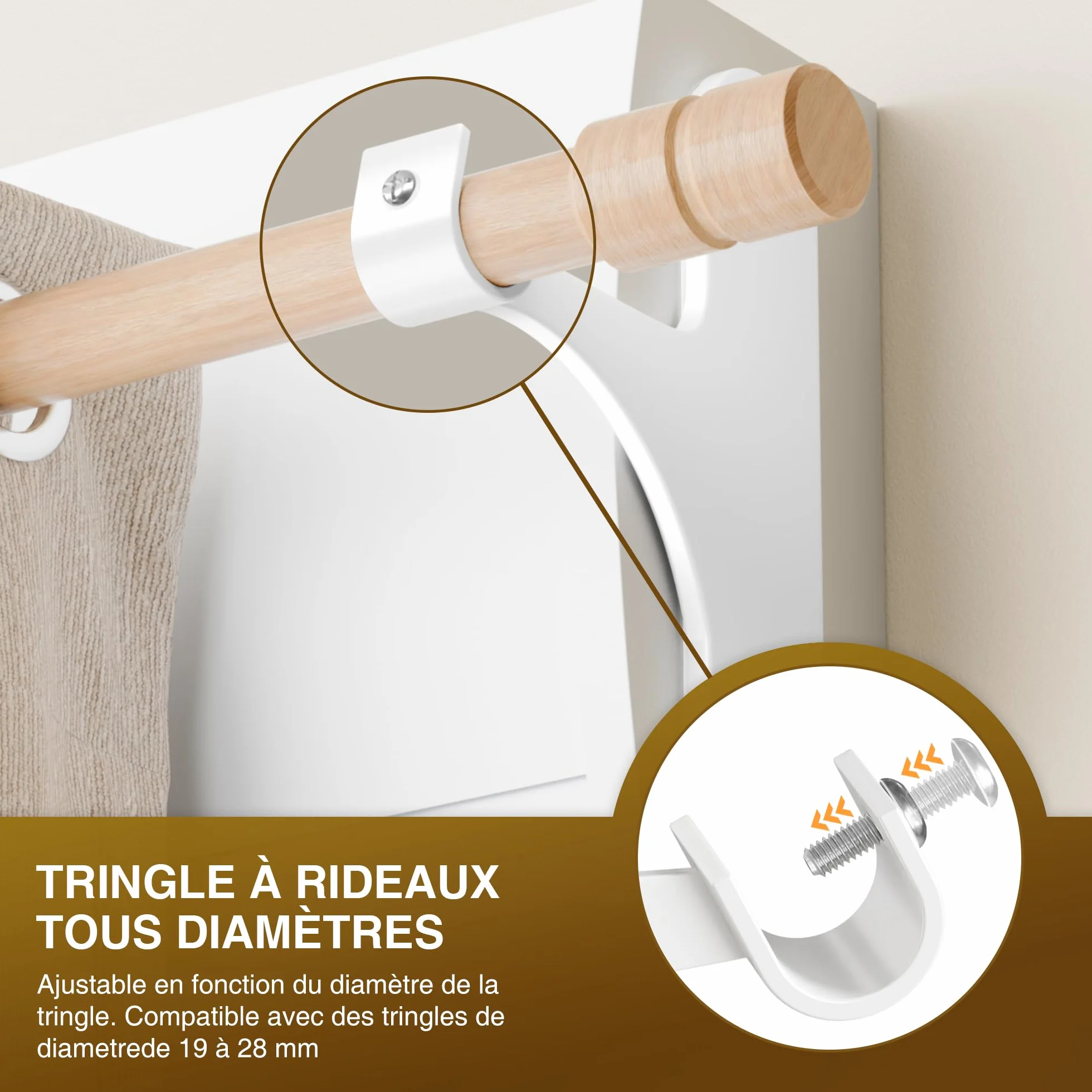 Tringle Rideaux Sans Perçage pour Coffre Volet Roulant - Fixation Auto-adhésive, Lot de 2, Barres 19-28 mm, Métal Résistant, Blanc