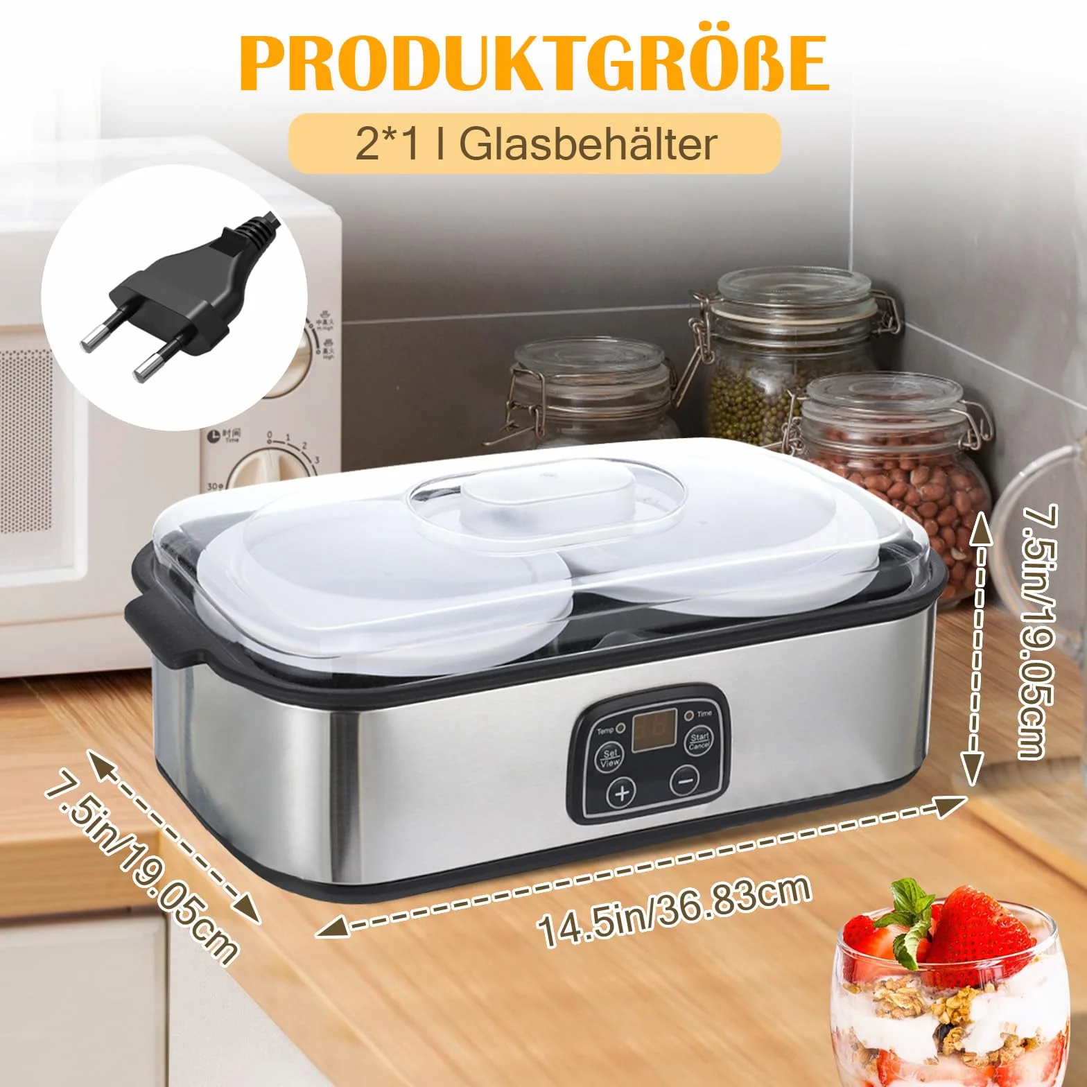 Yaourtière 2 litres Machine à yaourt numérique automatique avec 2 verres, yaourtière avec minuterie et contrôle de la température, yaourtière pour yaourt grec, fromage, natto, vin de riz, argent, 2 l