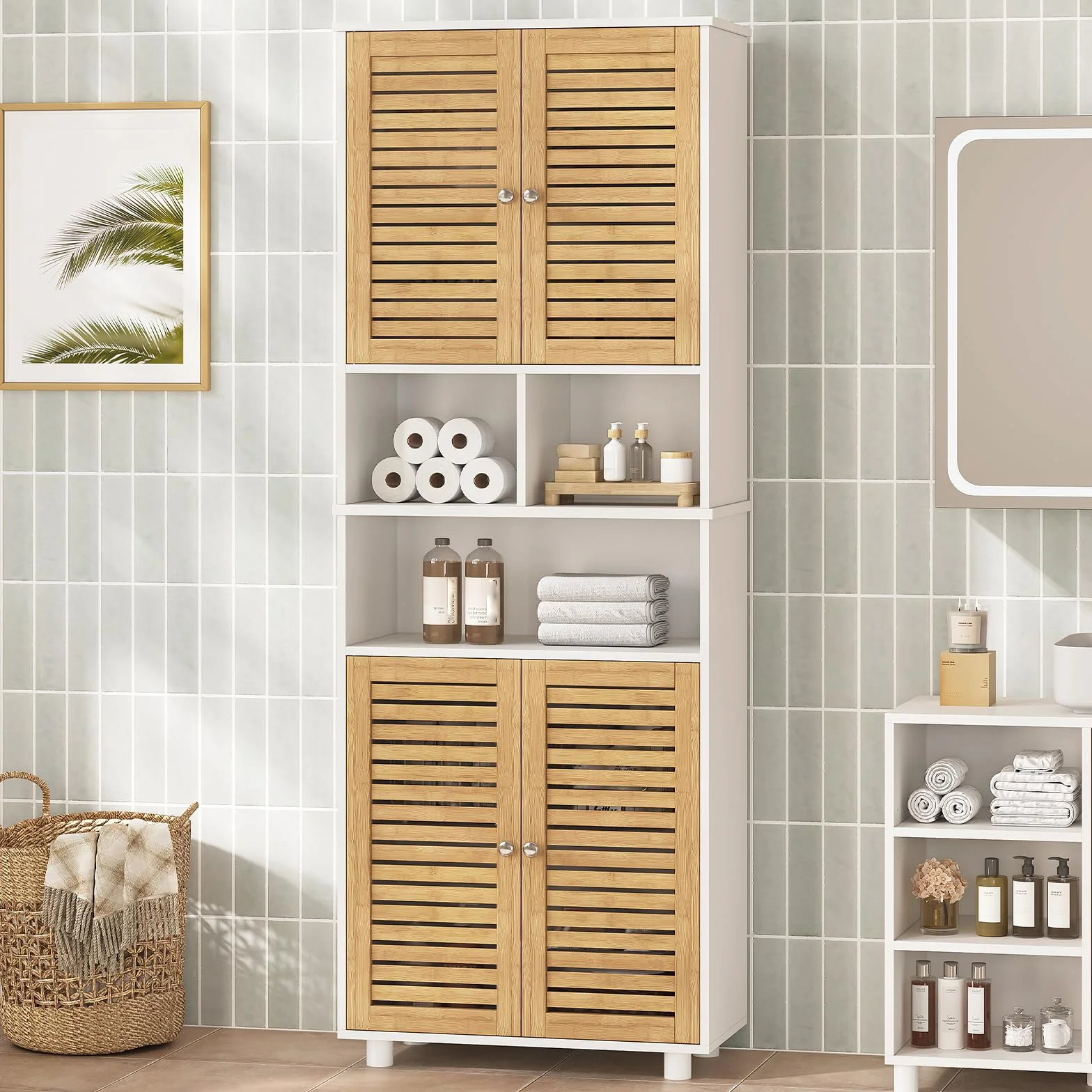 Meuble Colonne de Salle de Bain, Armoire Haute Cuisine avec 3 Étagères Réglables et Ouvertes, 4 Portes en Bambou, Meuble de Rangement pour Salon, Cuisine, Salle de Bain, 60x30x170 cm