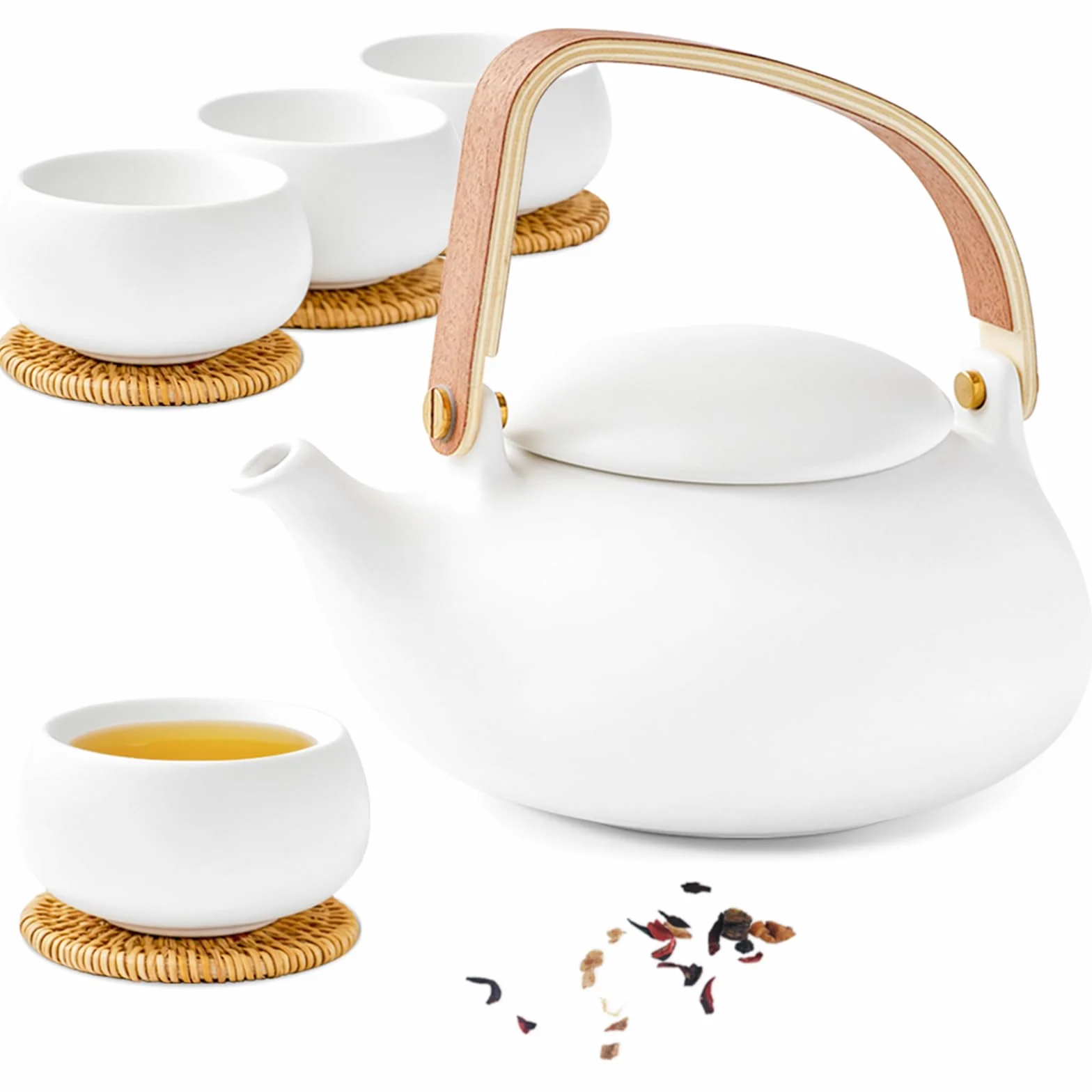 ZENS Theiere avec infuseur, Théière en japonaise avec 4 tasse pour le thé en vrac, blanc céramique Théière avec filtre en acier inoxydable 304 pour les fleurs Thé, manche en bois moderne