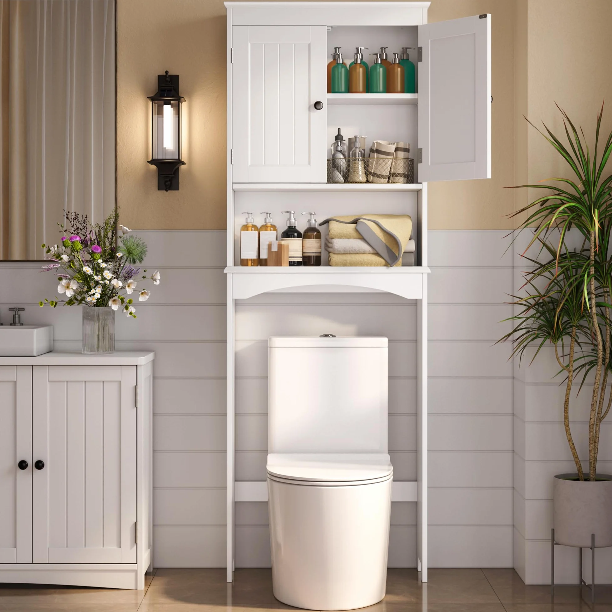 Armoire de Salle de Bain,Meuble Toilettes WC Rangement, Meuble au-Dessus des Toilettes, étagère réglable,pour Salle de Bain, Toilettes,167×60×23cm,Blanc