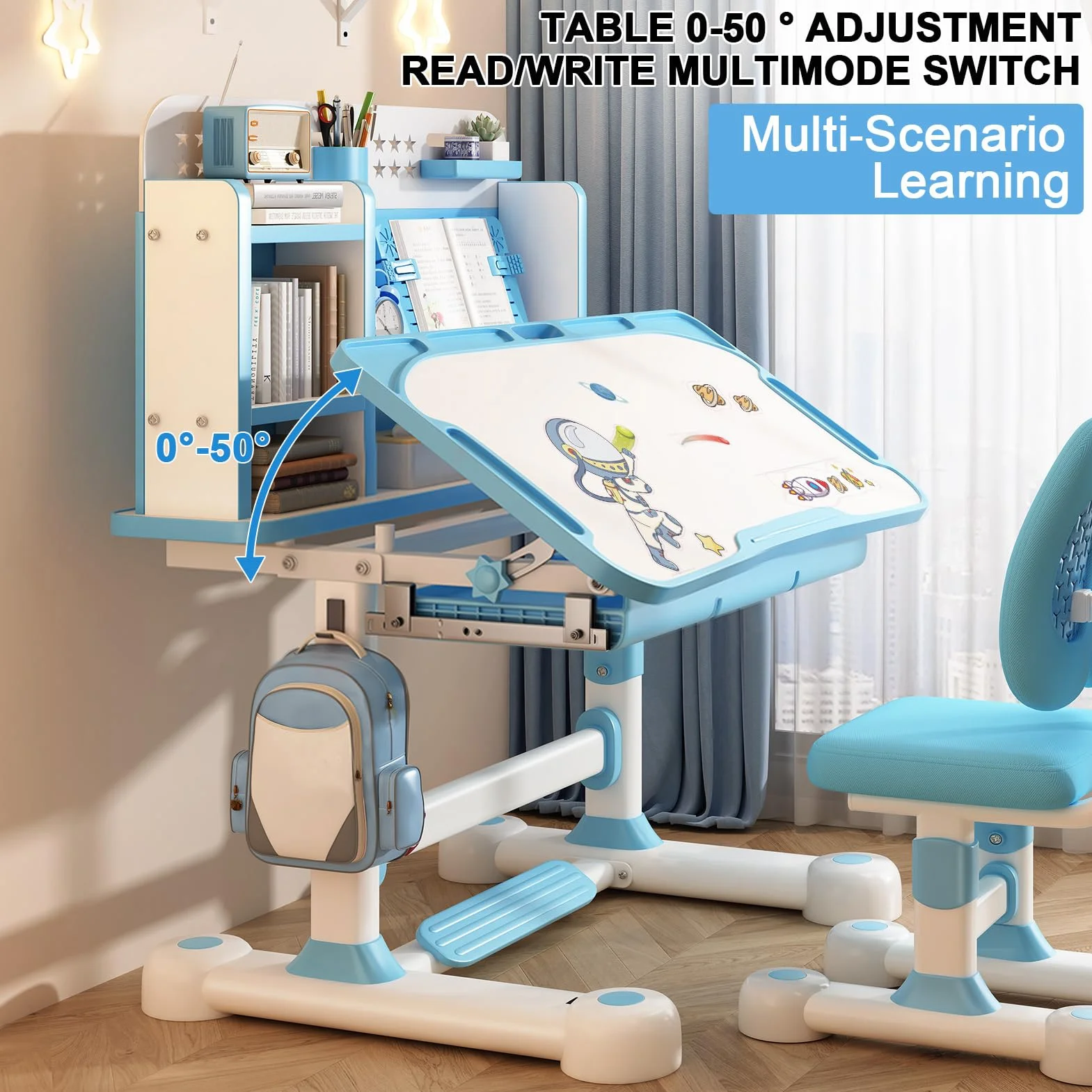Ensemble Bureau et Chaise d'Étude pour Enfants, Bureau Évolutif avec Correcteur de Posture, Chaise Ergonomique, Support à Livres, Pédale et Design à Partitions (Bleu)