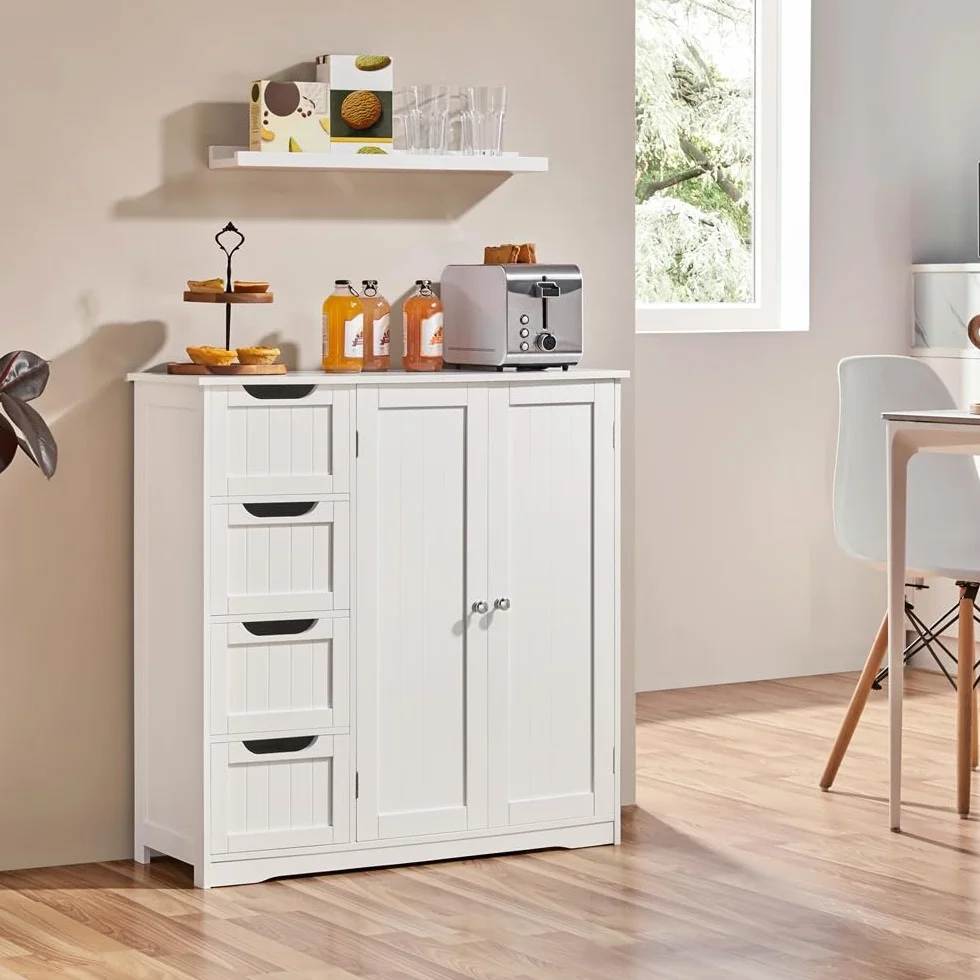 Yaheetech Meuble Salle de Bain Rangement, Armoire Toilette, avec 4 Tiroirs et 1 Large Placard, 1 Etagère Intérieure, 81 × 30 × 83 cm, Grande Commode Chambre Cuisine Blanc