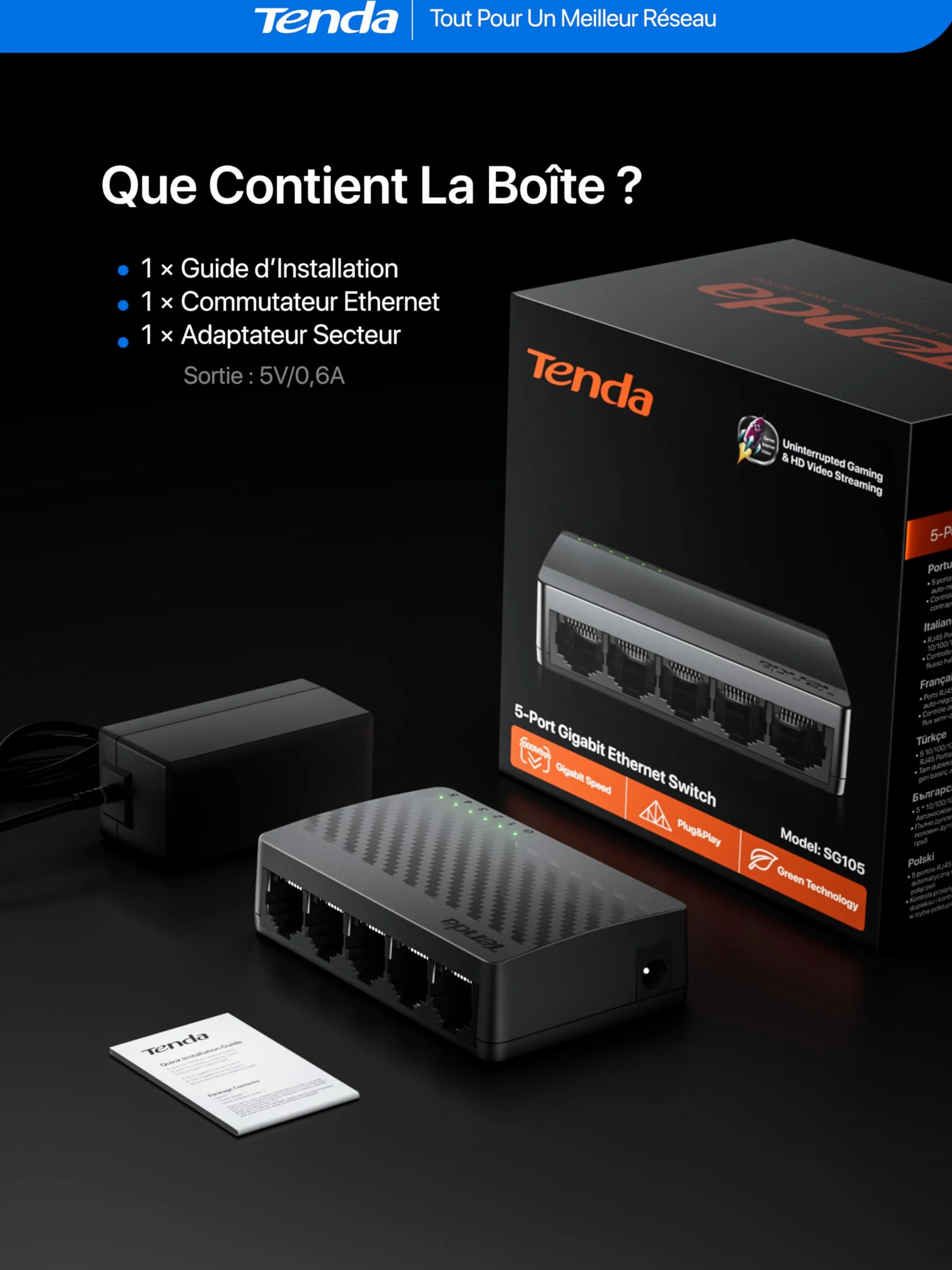 Tenda Switch Ethernet Gigabit 5 Ports 10/100/1000 Mbps RJ45 LED Plug and Play Mini Bureau Mural Plastique SG105