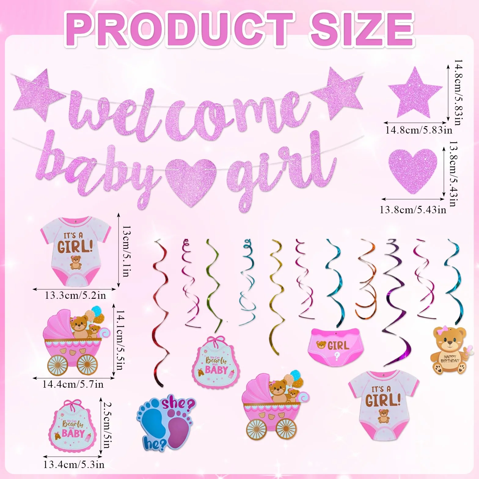 Kit Décoration Baby Shower Fille Bannière Rose Pailletée Spirales Suspendues Accueil Nouveau-né