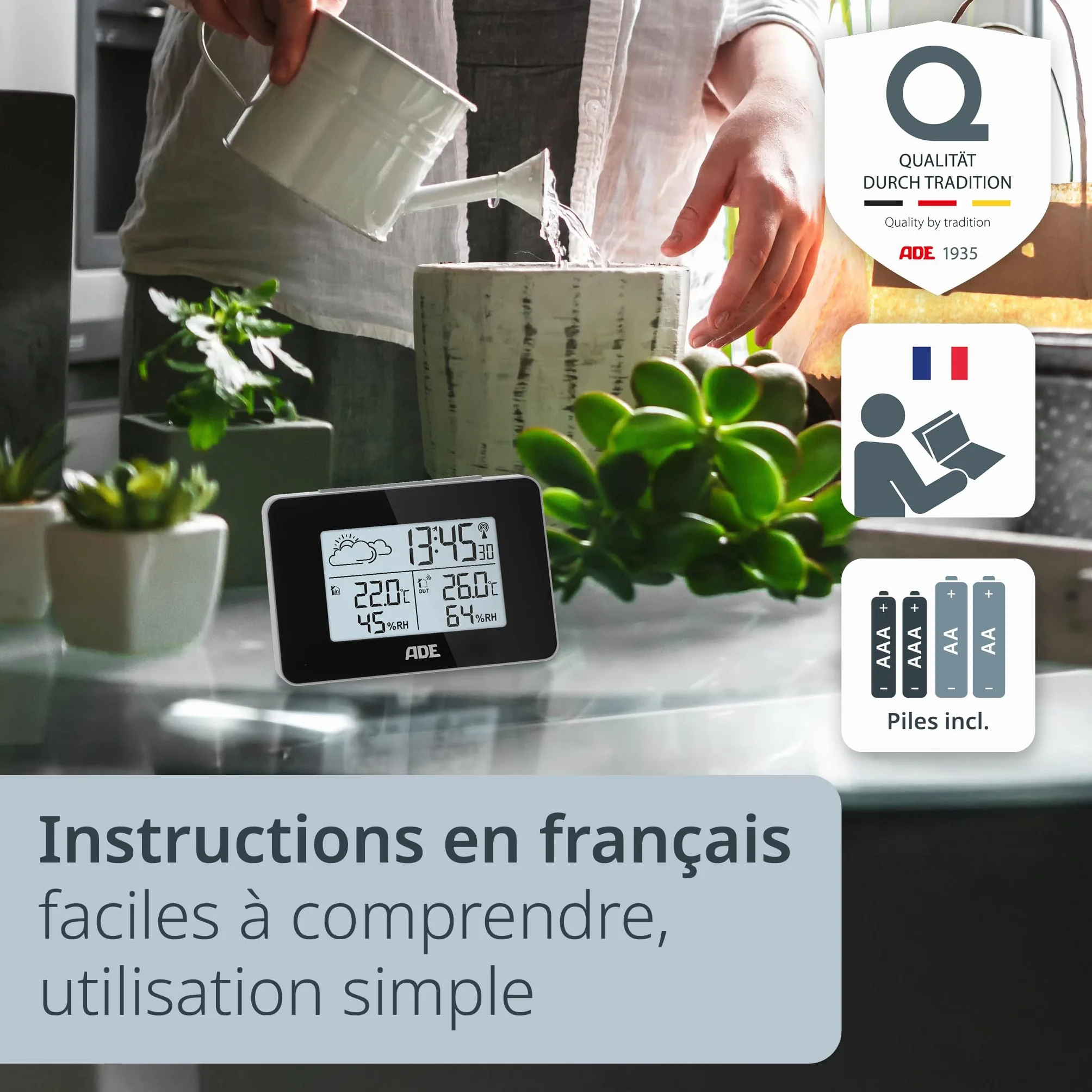 ADE Station météo intérieur avec capteur extérieur thermomètre hygromètre horloge DCF alarme écran LED noir
