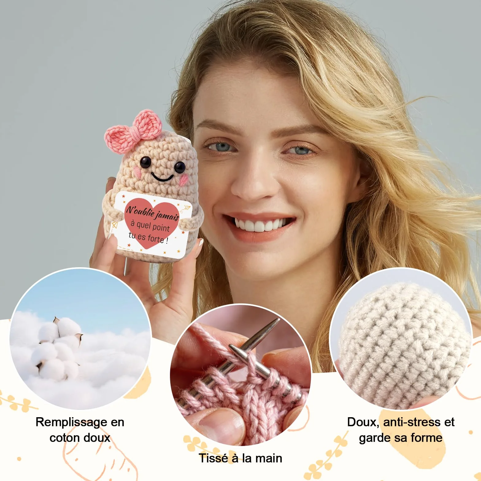 Peluche Patate Tricotée Française avec Porte Clés et Carte, Cadeau Original pour Femme Homme