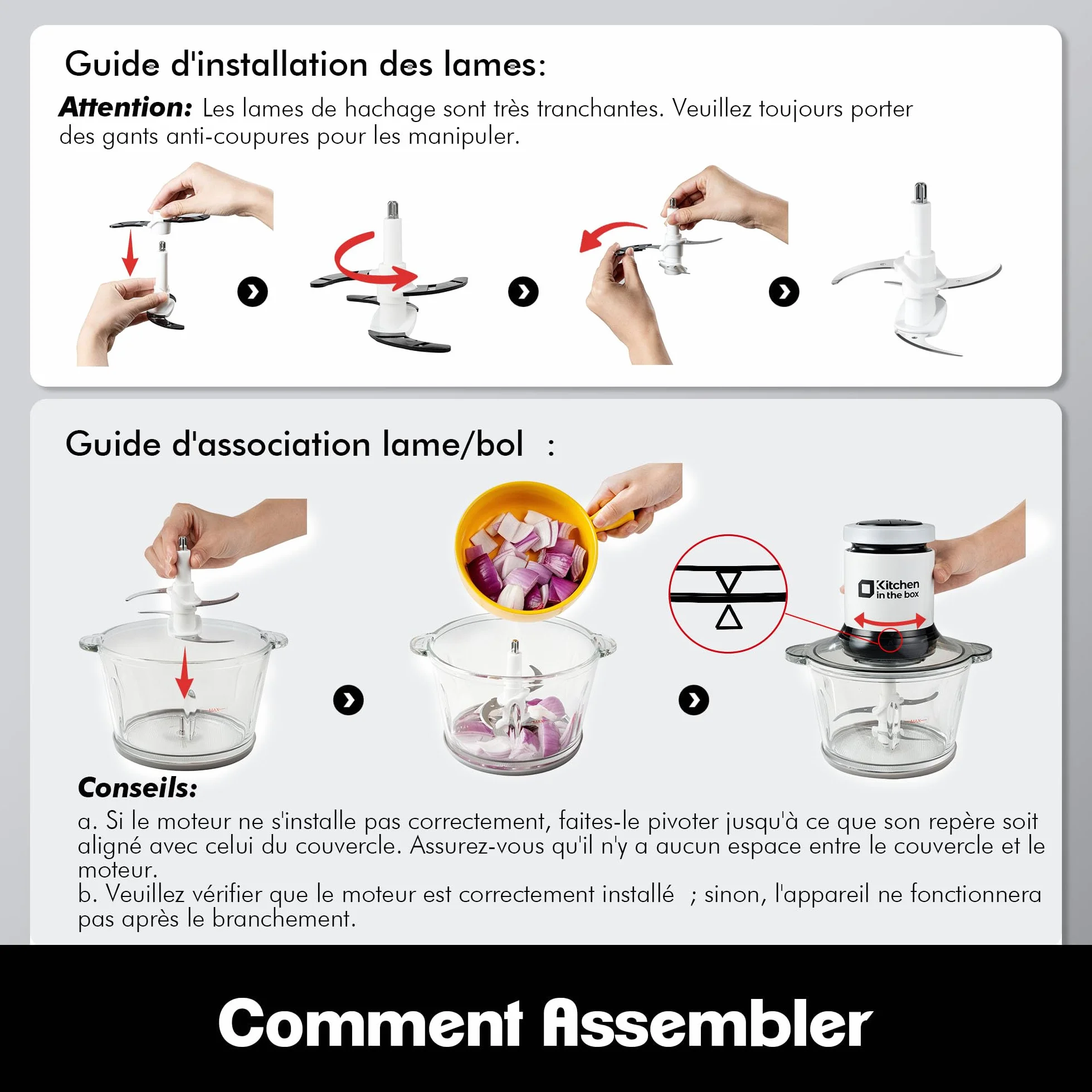 Kitchen in the Box Hachoir Électrique 400W, Hachoir à Viande avec 2 Bols (Verre 2L + Inox 2L), 2 Lames Bi-niveau, Mixeur hachoir, Légumes, Oignons, Fruits，Blanc