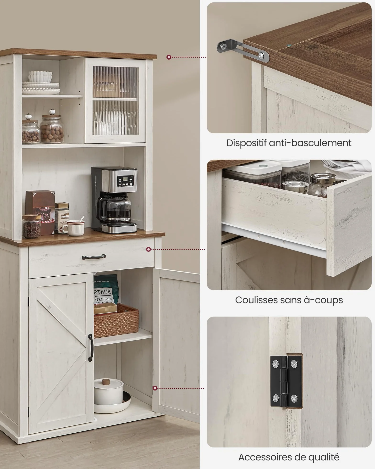 VASAGLE Meuble de Rangement avec Lumières et Chargeur, Placard de Cuisine, avec Portes et Tiroirs, 39,5 x 80,4 x 180,6 cm, Étagères Réglables, Style Campagne, Blanc Rustique et Marron Miel BBK363W22V1