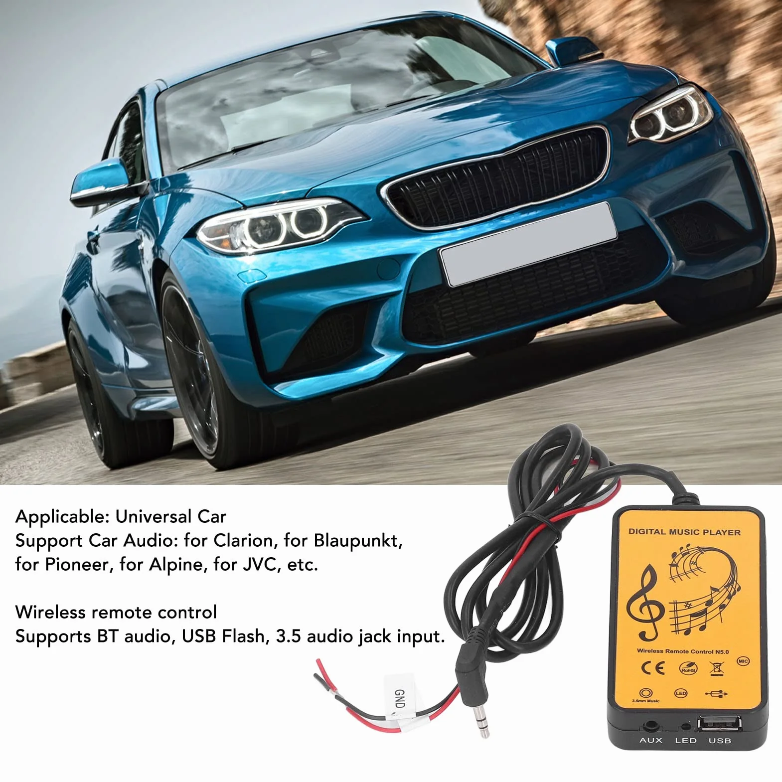 KIMISS Nadajnik Bluetooth AUX do samochodu, adapter bezprzewodowy do o, zestaw głośnomówiący, uniwersalny for Clarion