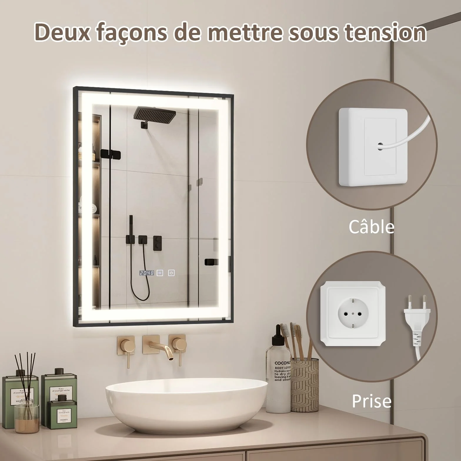 YOURLITE Miroir de Salle de Bain avec Éclairage LED 50x70cm, Fonction Antibuée Étanche Ip44 Lumière Chaude,Naturelle et Froide,Luminosité Réglables, avec Affichage Heure et Température