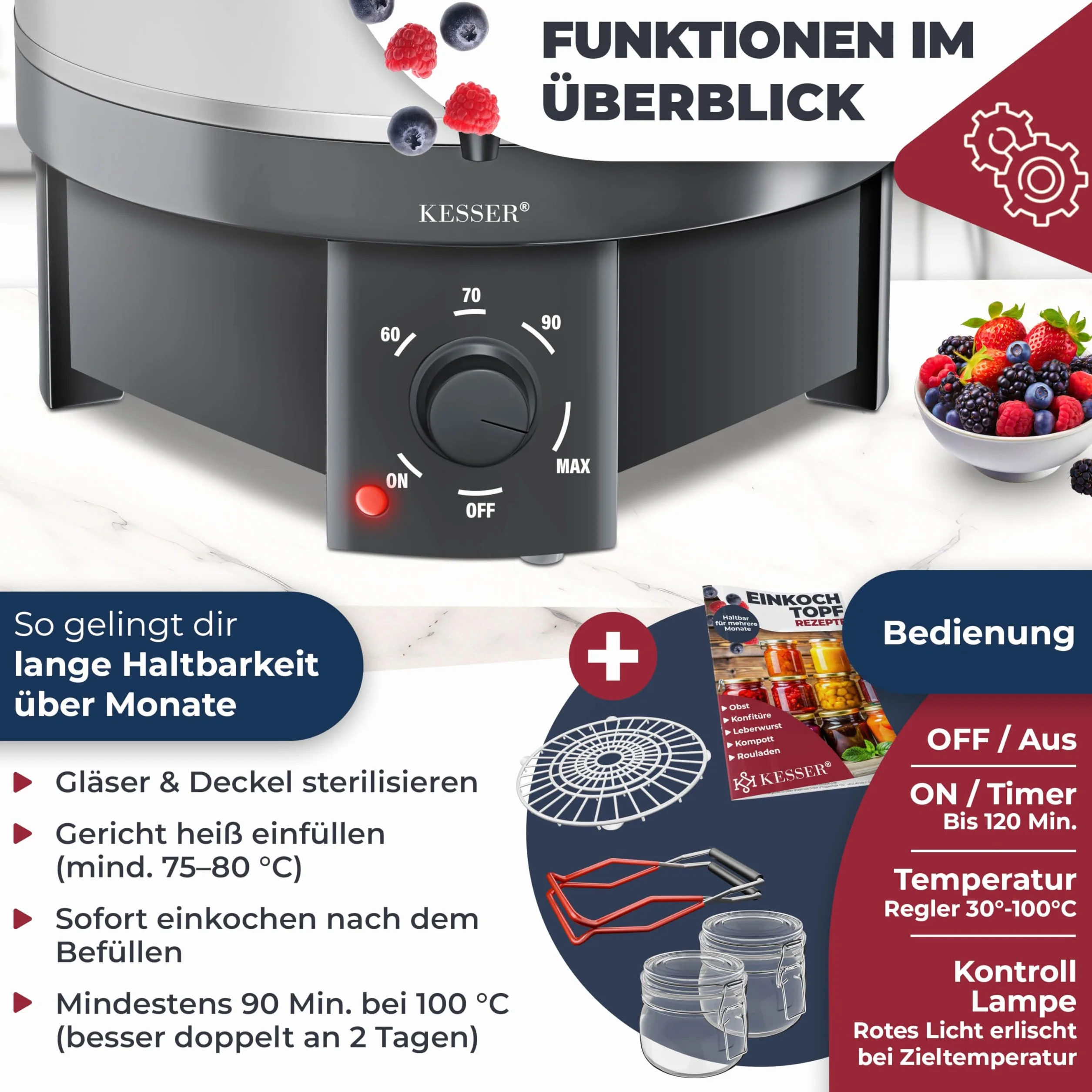 Autocuiseur KESSER 27 litres, acier inoxydable | 1800 watts | Température de 30 à 100 °C | Fonctionnement continu | Arrêt automatique Autocuiseur automatique blanc