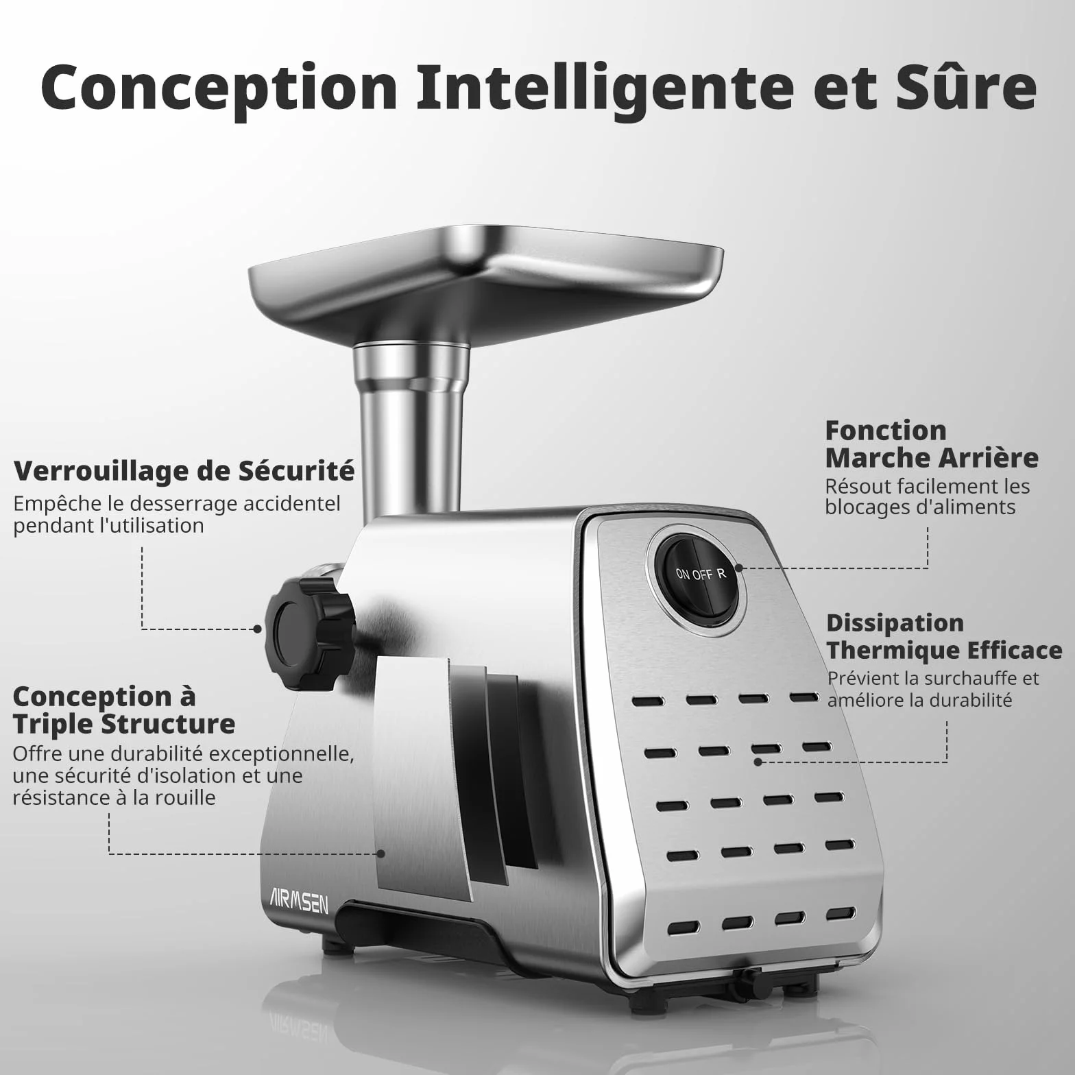 AIRMSEN Hachoir à Viande Électrique 3 en 1– Machine à Saucisses en Acier Inoxydable avec 3 Plaques, 2 Lames en Acier Inoxydable et Kit Kubbe – Rapide, Silencieux, Facile à Nettoyer pour Maison
